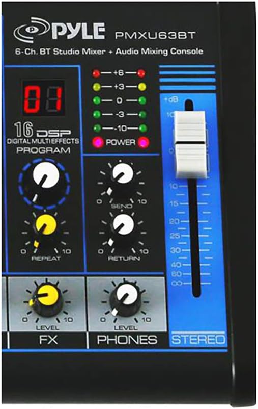 Pyle 6-Channel Professional Audio Mixer - USB - Bluetooth - 48V Phantom Power - Digital MP3 Input - FX 16-Bit DSP - Desk System Interface - PMXU63BT