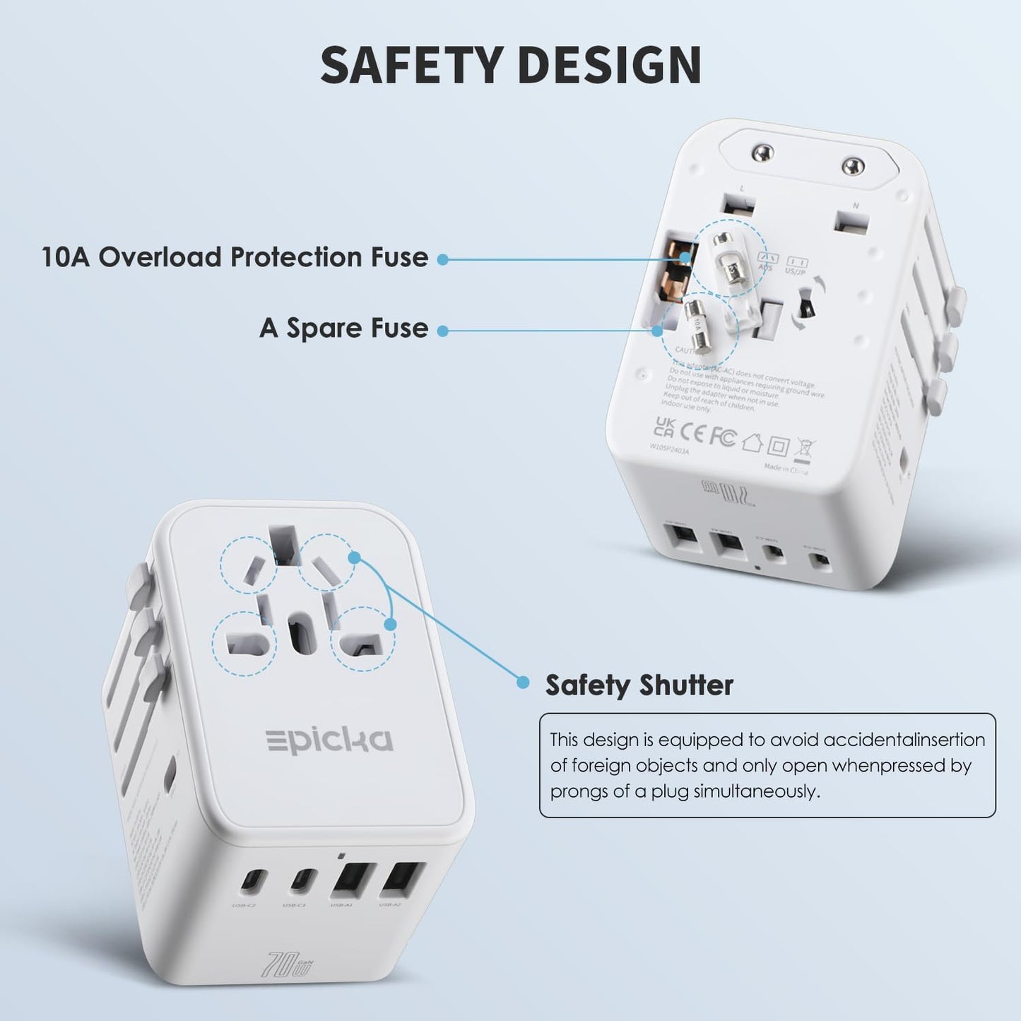 EPICKA Universal Travel Adapter, GaN International Plug Adapter with 3 USB-C 70W PD Fast Charging & 2 USB-A Adaptor All-in-one Wall Charger for USA EU UK AUS (TA-105 Pro, White)