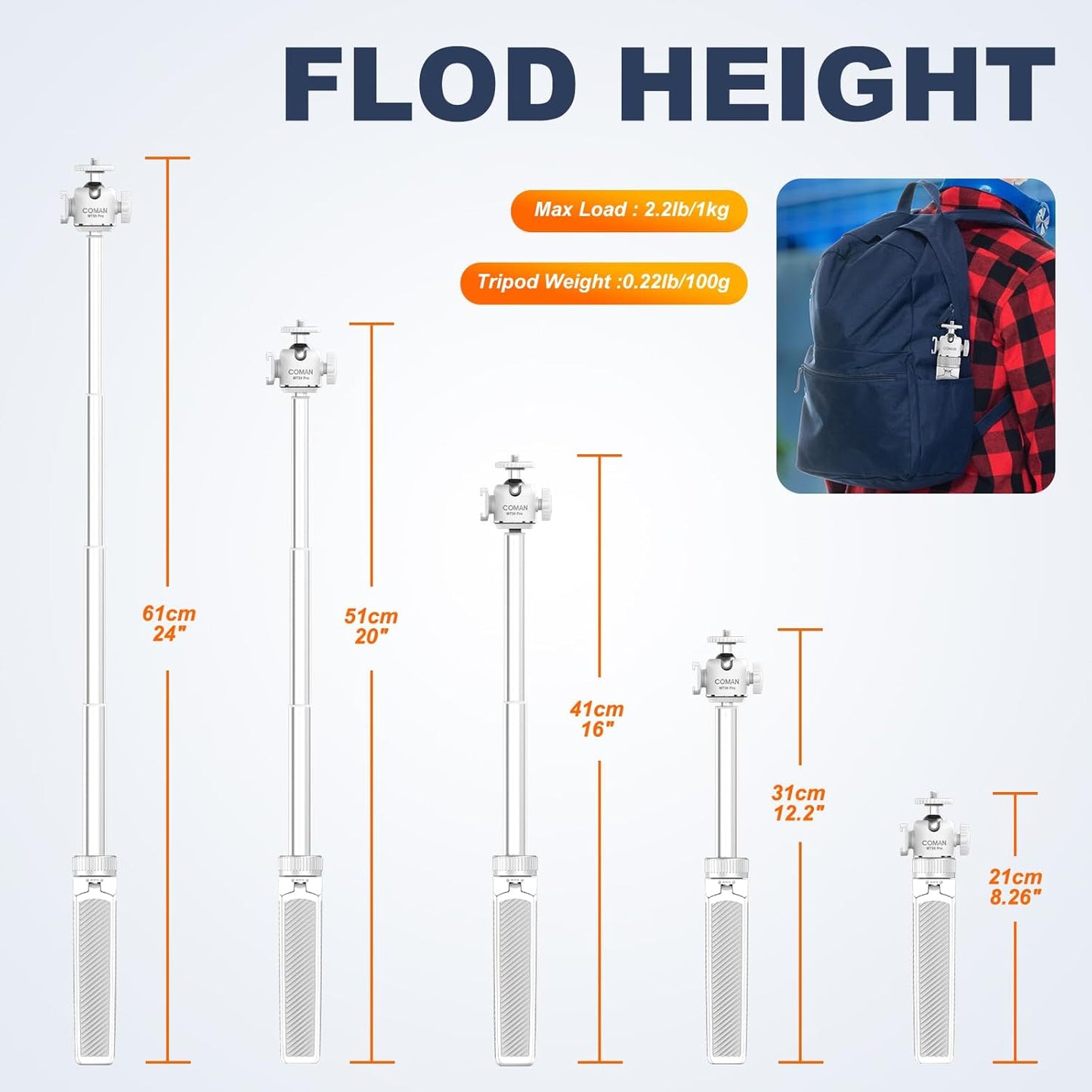 COMAN MT30-Pro Extendable Phone Tripod, 61cm Cell Phone Tripod Stand for iPhone with 360° Ball Head, Selfie Stick Vlog Stand with Remote, Tripod for iPhone 16/15/14/13/12 Pro Max/Android