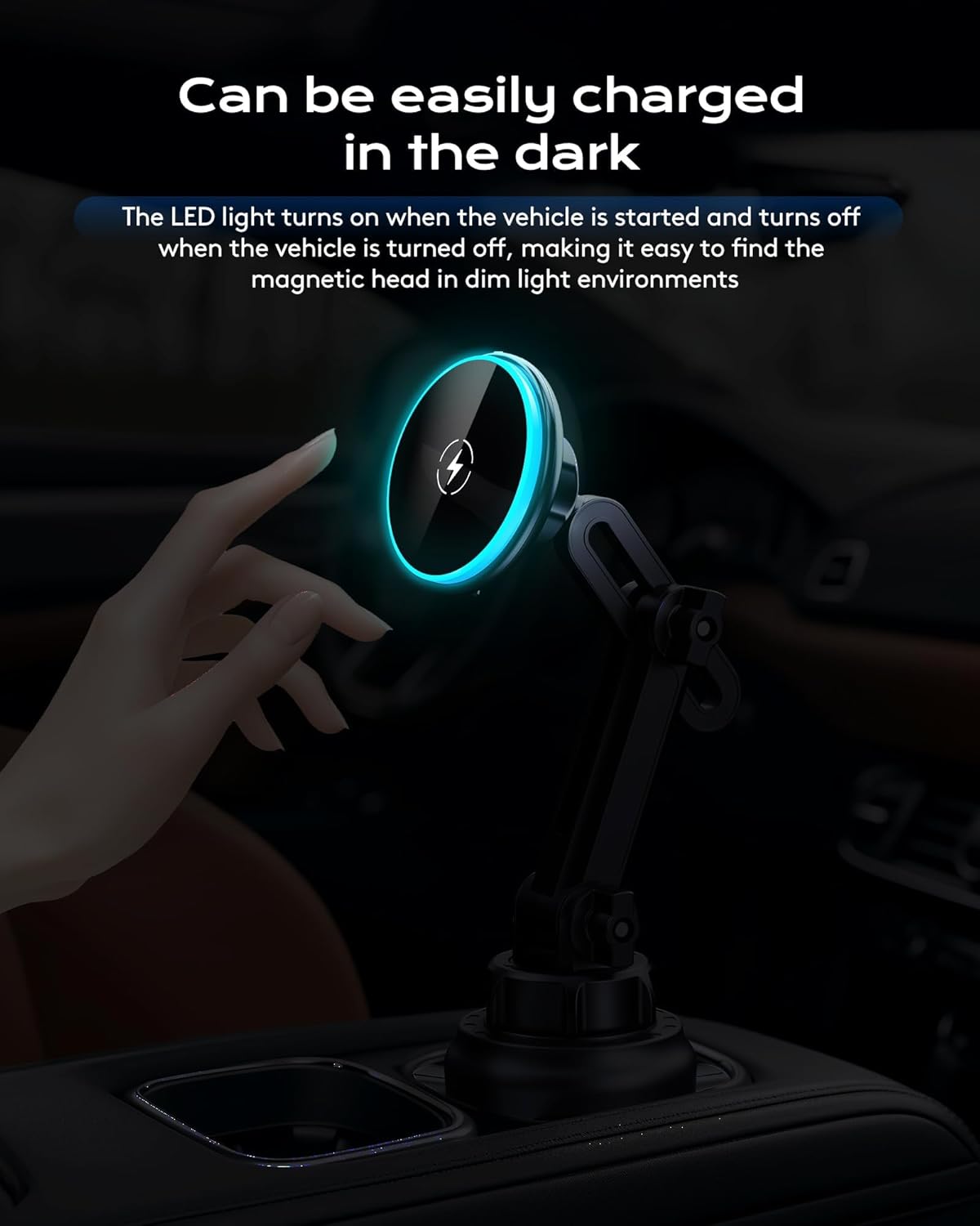 Magnetic Cup Phone Holder Car Wireless Charger for MagSafe, 15W Fast Charging Car Mount Stand for iPhone 16 Pro Max/15/14/13/12, Cupholder Expander, LED Light Ring, Strong N52 Magnets