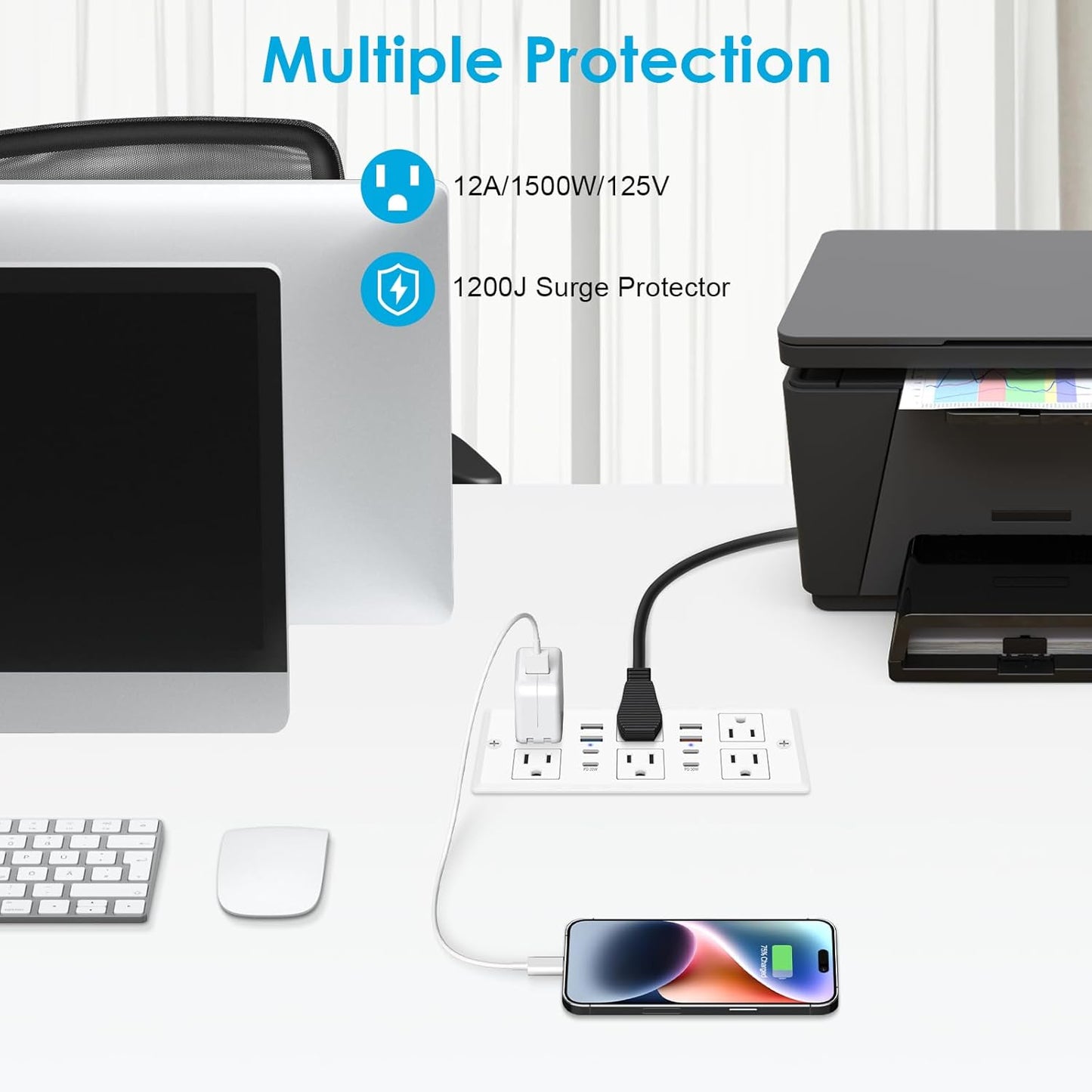 30W Recessed Power Strip USB C, Desk Flush Mount Outlet Plug in 6 AC & 8 USB Ports for Furniture Conference Power Hub, 6FT