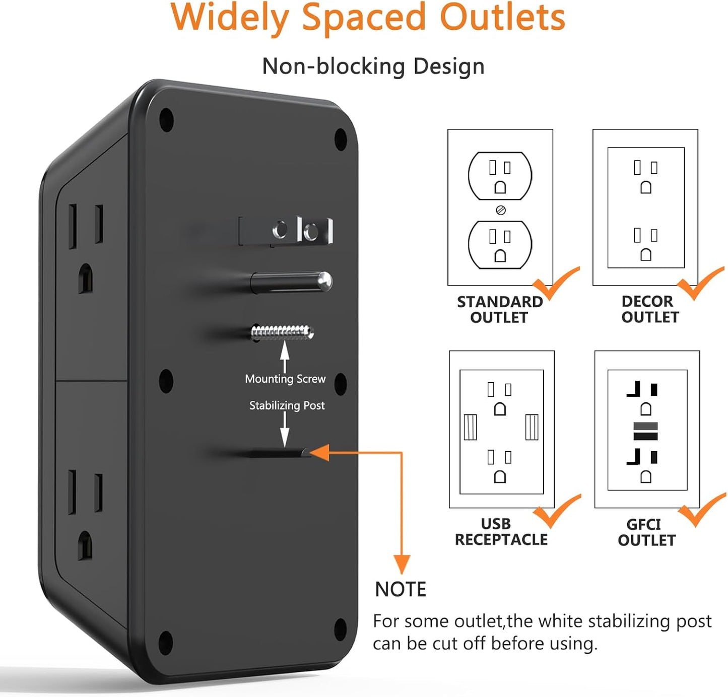 USB Wall Charger Power Strip Surge Protector with 4 USB Ports (2 USB C) Plug Extension Multiple Outlets Plug Extension Multi Outlet Plug in Adapter Spaced Outlets for Home Office Travel,White (Black)