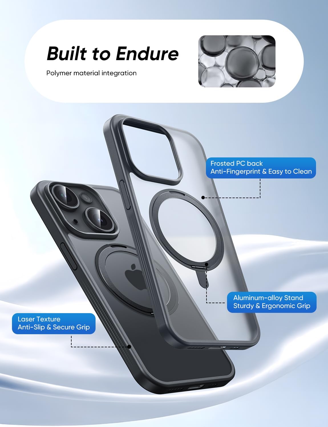 MAGIC JOHN for iPhone 15 Case 360° Rotatable Magnetic Invisible Stand, Fit for MagSafe 15 Phone Case, 16FT Military Grade Shockproof for iPhone Case with Kickstand, Black