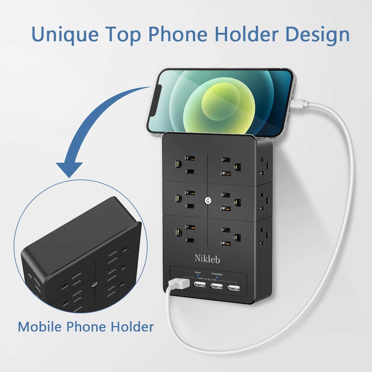 Surge Protector Nikleb, Wall Outlet with 4 USB Ports 5V 4.8A Total, 12 Multi Outlet Extender, Multiple USB Plug Adapter Wall Mount, Phone Chargier Organizer with Phone Holder, Heavy Duty