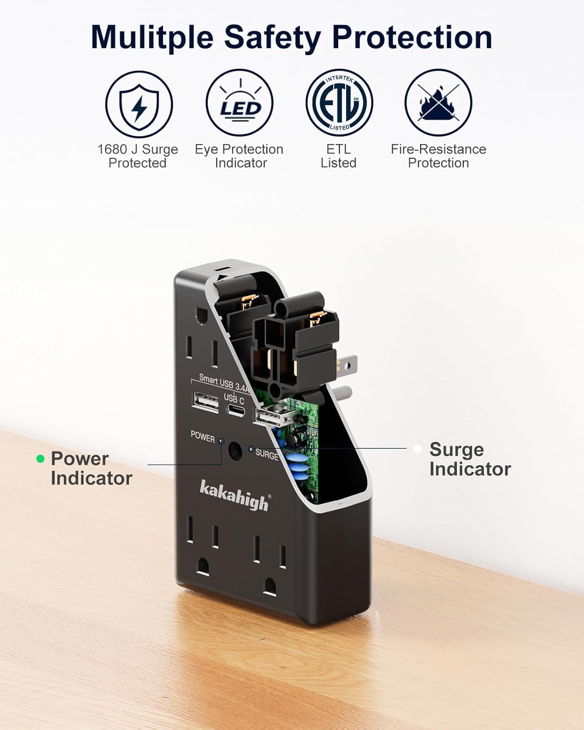 Black Wall Power Strip, 8 Way Outlets with 1680J Surge Protected, Multi Plug Wall Outlet with USB Ports, LED Indicator, 1875W Wall Mounted Surge Protectors for Dorm Room Office Kitchen