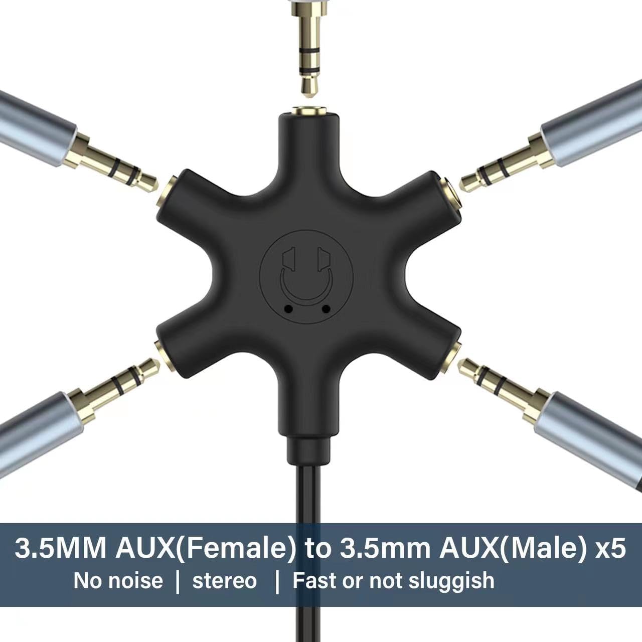 Multi Headphone Audio Splitter, 5-Way 3.5mm Jack Stereo Headset Adapter to Connect Up to 5 Devices for Mixing, Shared Experiences - for iPhone, iPad & More