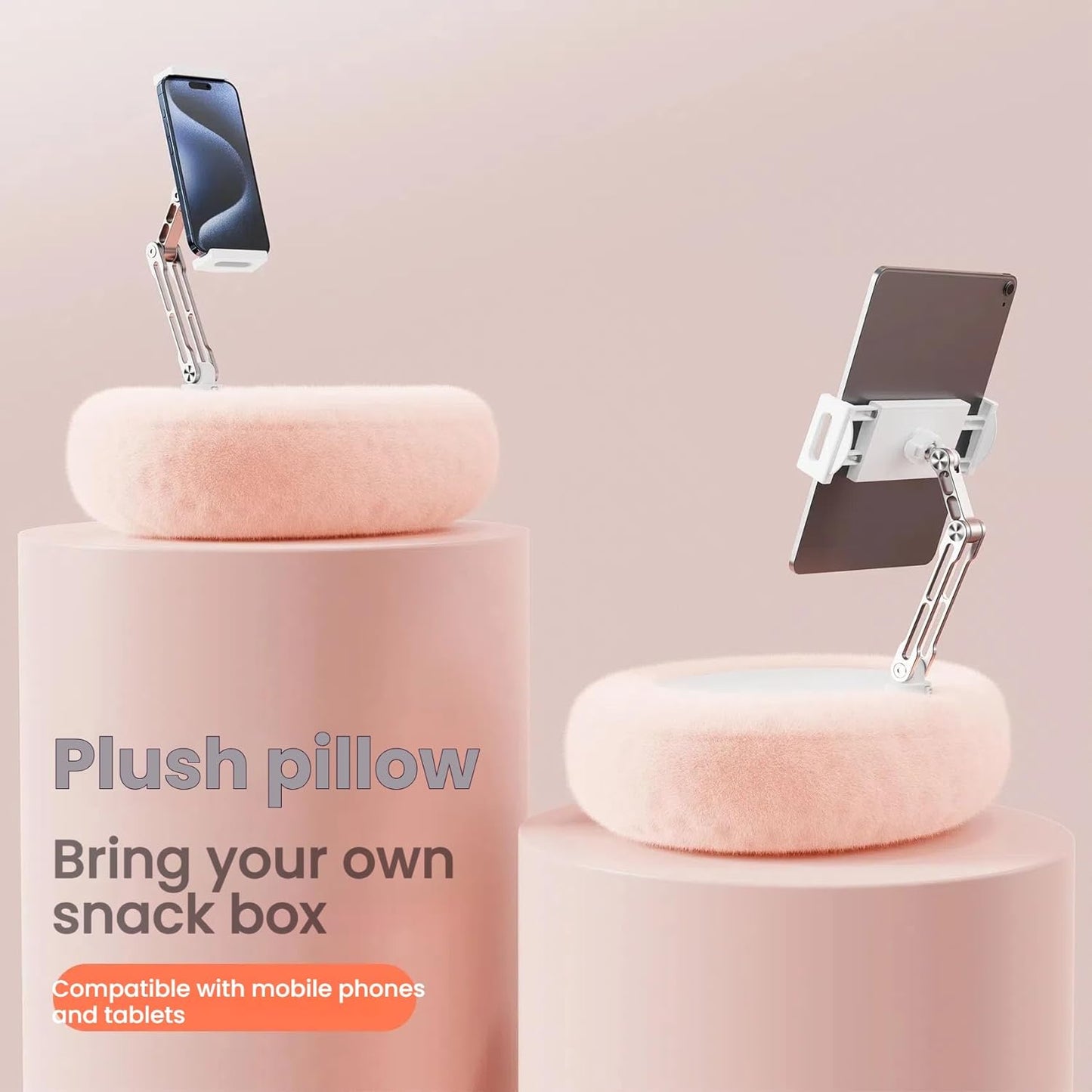 Pillow Stand Holder for Kindle Tablet iPad,Plush Mobile Phone Stand with a Snack Bowl with lid,Compatible with 4.7"-13" Phone, Tablet, iPad, iPhone, Google, Kindle, Samsung (Pink)