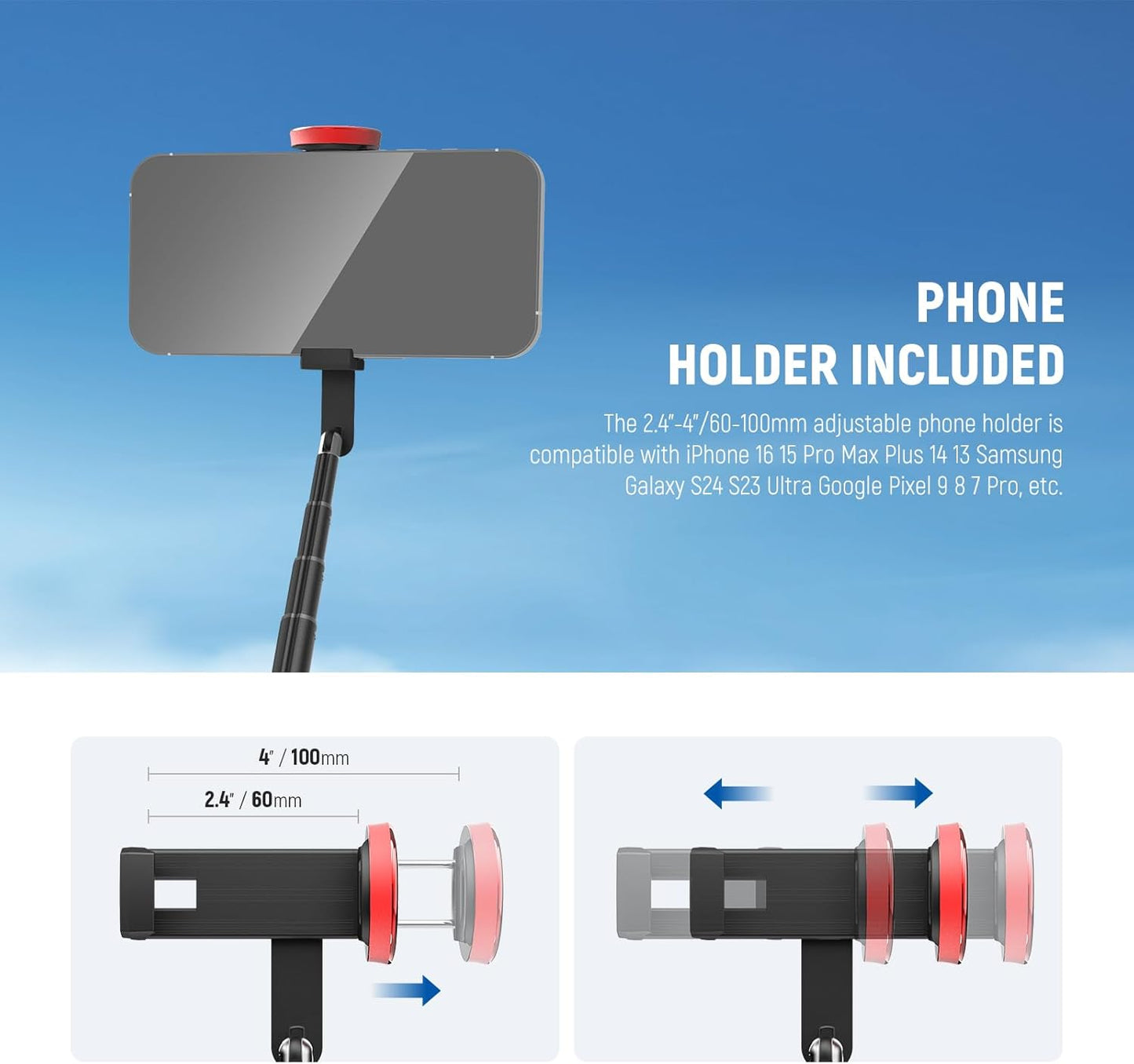 NEEWER Basics PA991 Selfie Stick Tripod Compatible with iPhone Samsung Android, 57.9 Inch Metal Portable Lightweight Travel Mobile Phone Stand with Holder & Remote Control for Video Recording