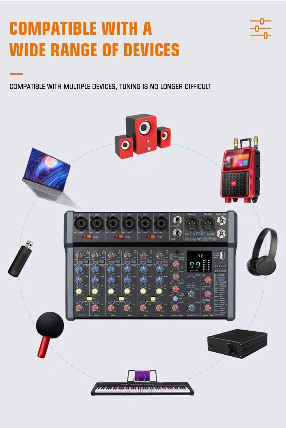 A-Series Professional Mixer for Recording DJ Stage Karaoke Music Application w/USB Drive for Computer Recording Input, XLR Microphone Jack, 48V Power, RCA Output for Professional (10-Channel)