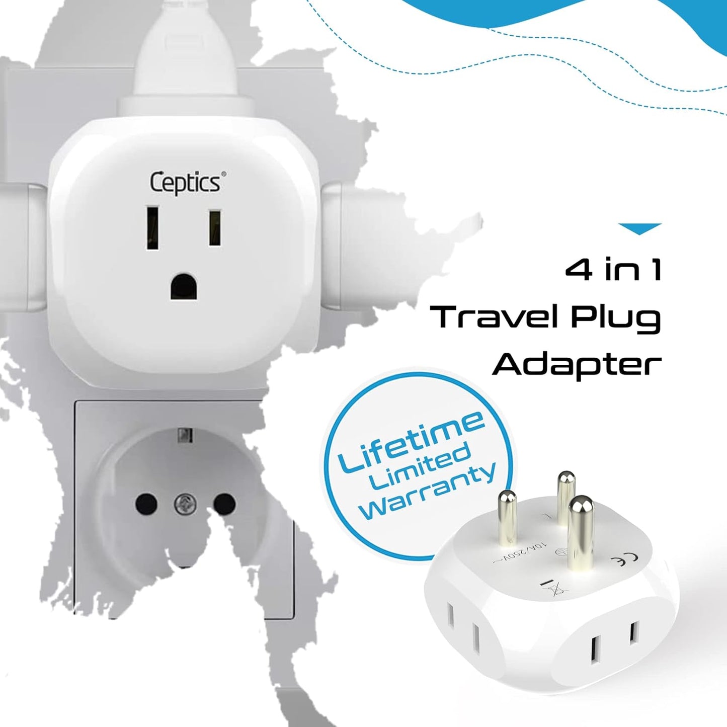 Ceptics India, Pakistan Travel Adapter - 4 Input - Ultra Compact - Light Weight - USA to Any Type D Countries Such as Bangladesh, Maldives and More - 2 Pack (PT-10)