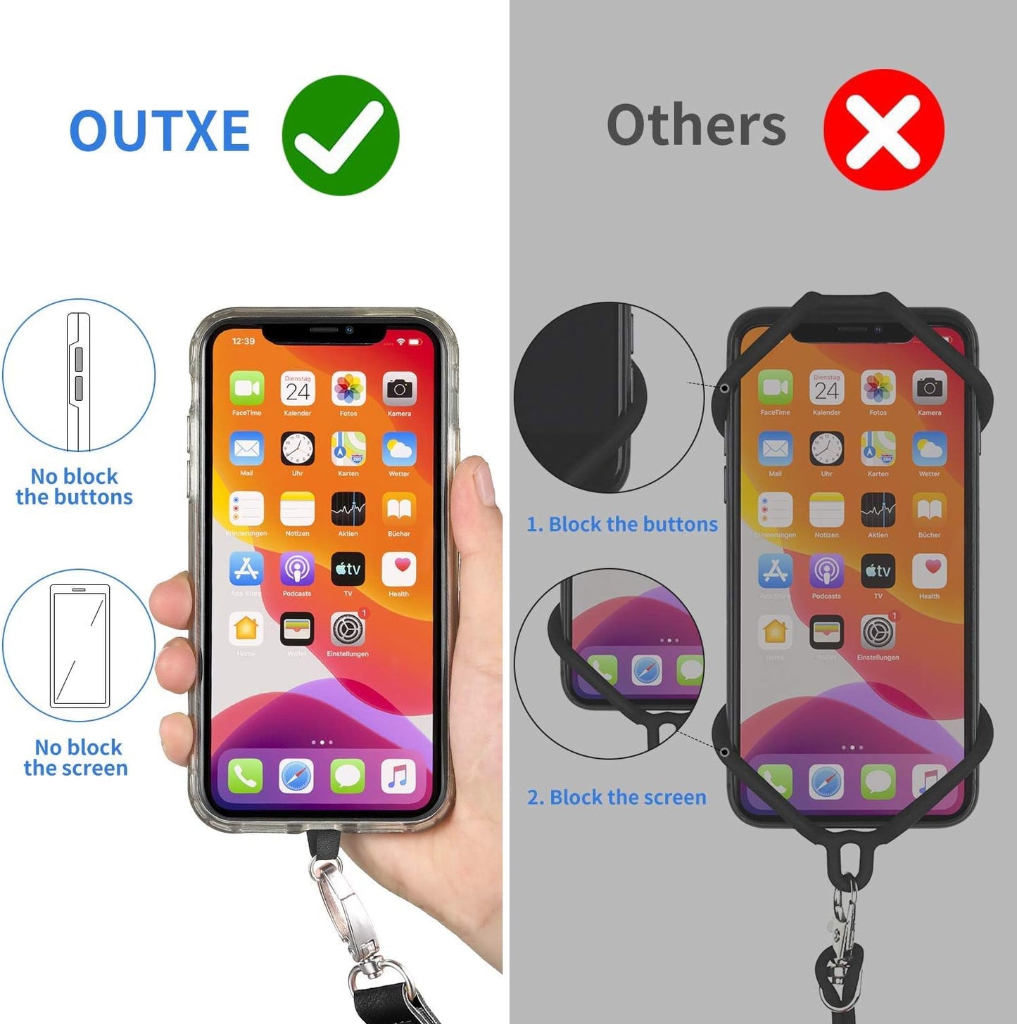 OUTXE Phone Lanyard 2 Packs - 2× Adjustable Neck Strap, 4× Phone Patches- Purple
