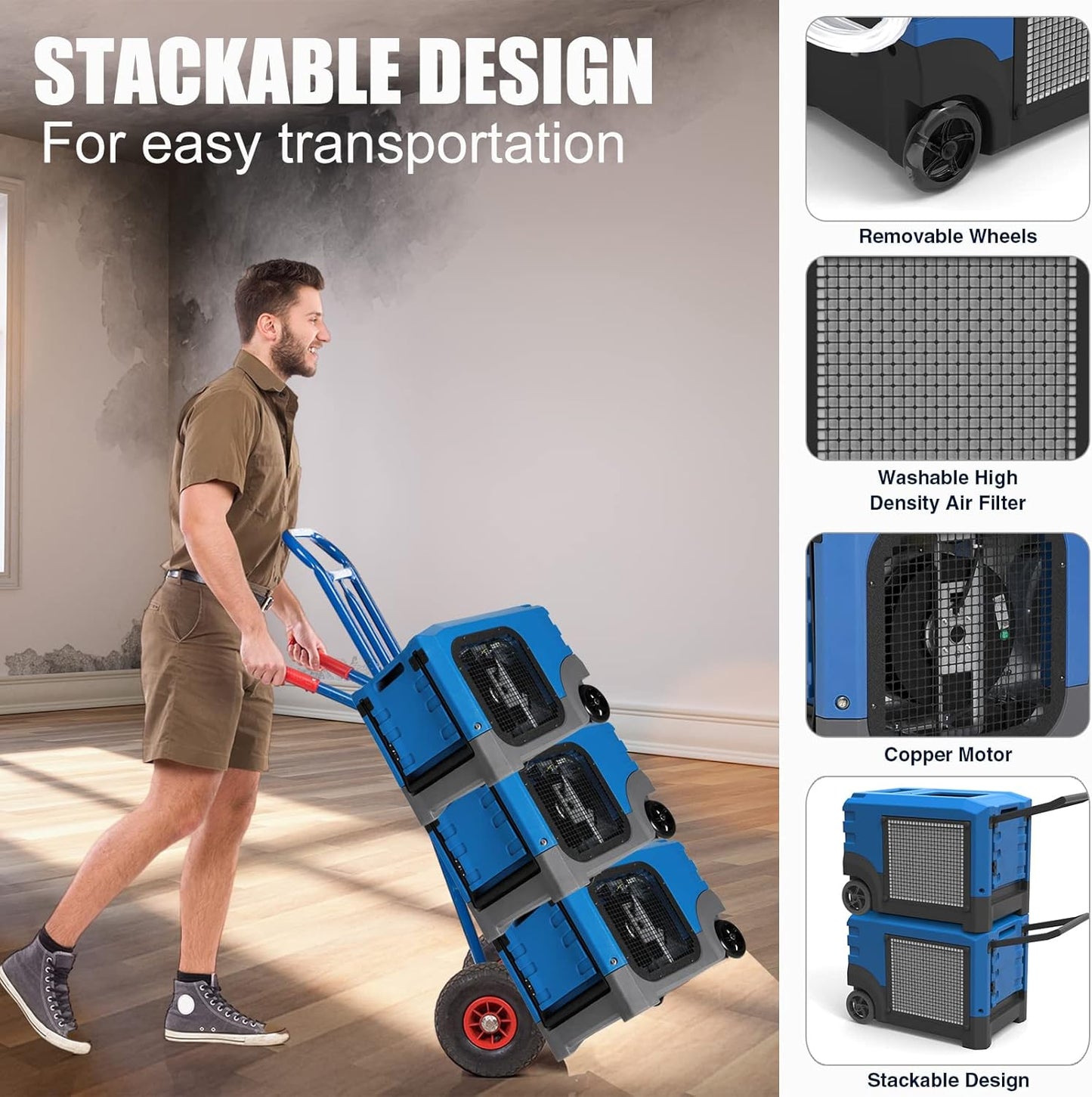 Mounto MOUNTO 268Pints LGR Commercial Compact Dehumidifier with Pump and Drain Hose, LGR Portable Dehumidifier with wheels for Home, Basements, Garages, and Job Sites (Blue)