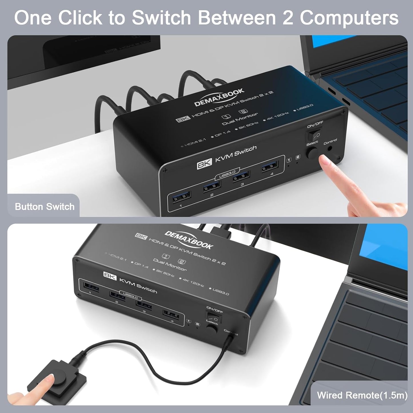 DEMEXBOOK Dual Monitor HDMI Displayport KVM Switch 2 Monitors 2 Computers 8K@60Hz/4K@144Hz,2 Computers Share 2 Monitors,USB 3.0 Ports,Extended/Copy Mode Support,2 USB Cables,Remote Control Included