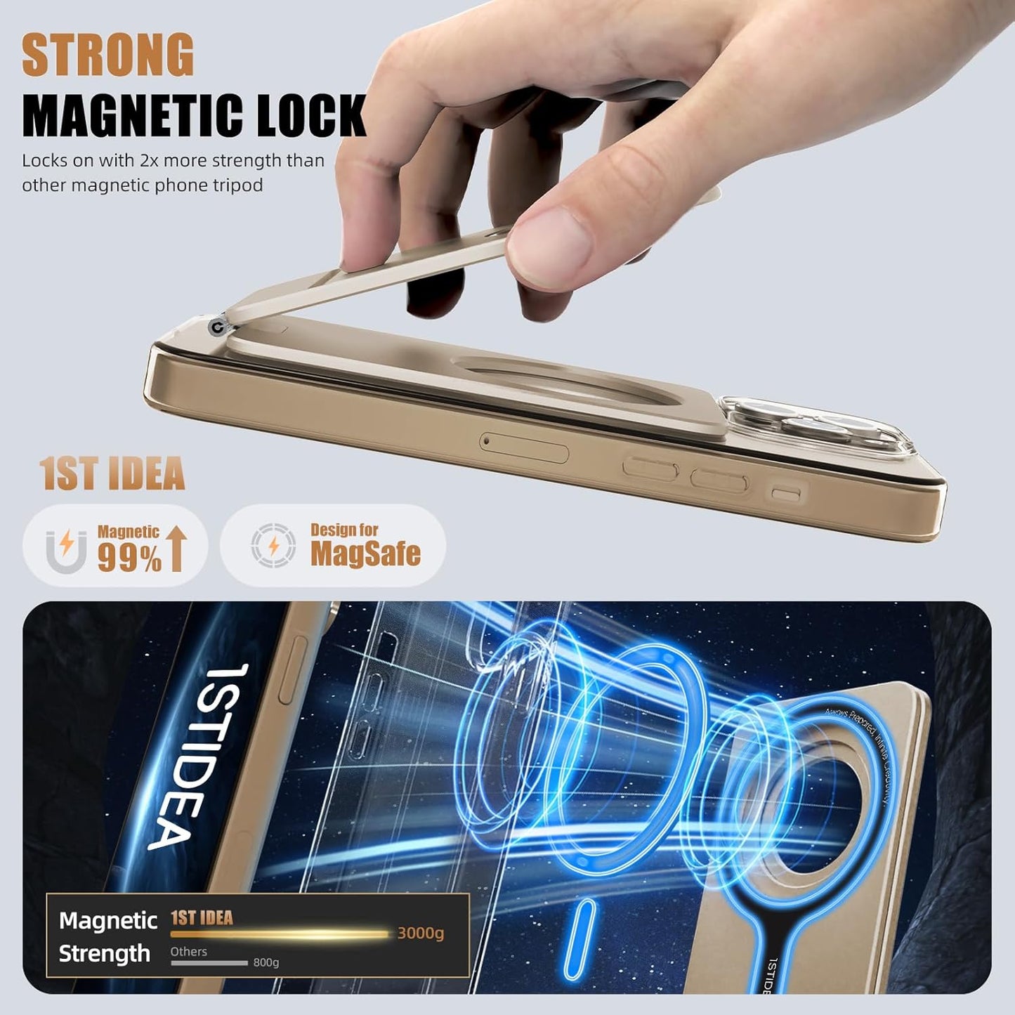 Phone Tripod Stand, Aluminum Alloy Mini Tripod Compatible with Magsafe iPhone 16/15/14/13/12 Series, Foldable Strong Magnetic Phone Stand, Mult-Angle Adjustment Selfie Stick(Desert Gold)