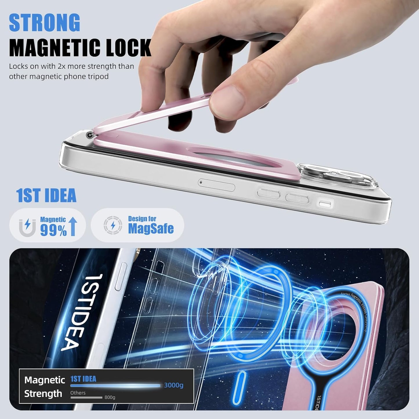 Magnetic Tripod for iPhone, Aluminium Phone Tripod Stand Compatible with Magsafe iPhone 16/15/14/13/12 Series, Foldable Strong Magnetic Phone Stand & Portable Phone Holder, Pink