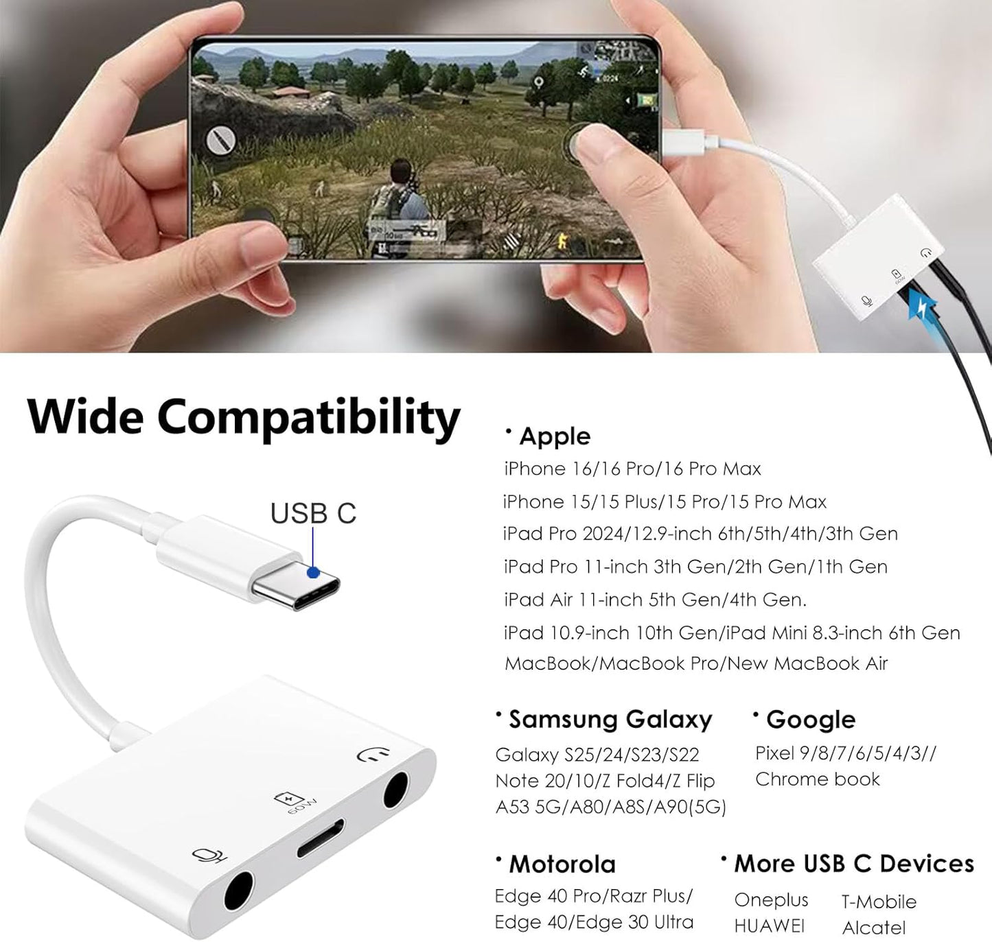 USB-C to Microphone & 3.5mm Audio Adapter with PD Fast Charging for Live-Streaming, 3-in-1 Aux to USB C Audio & MIC Splitter Compatible with iPhone 15/16, iPad Pro, Galaxy S25Ultra, and More