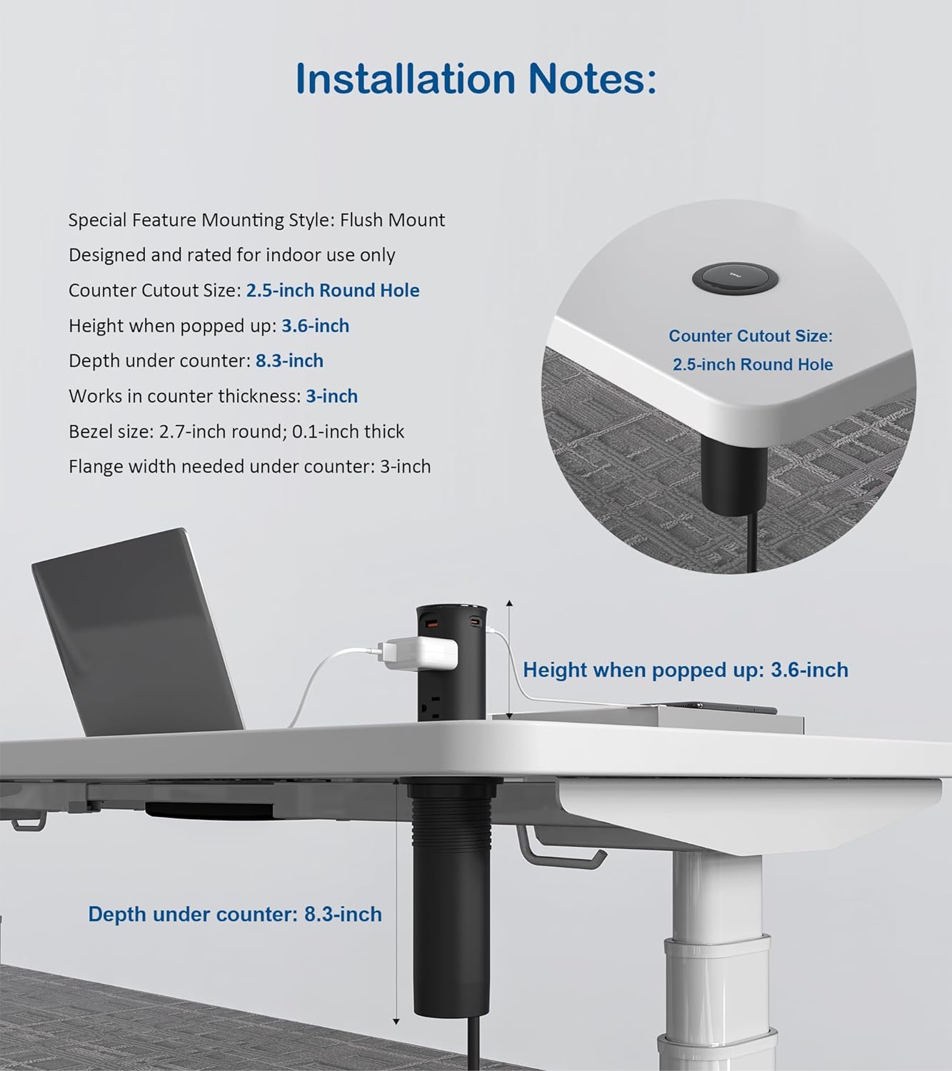 Pop up Outlet for Countertop,2.5 Inch Hole Desktop Power Grommet,Recessed Power Strip,20W USB C Fast Charging,4 Outlets 4 USB Ports,15Amp Tamper Resistant Receptacle for Home,Kitchen,Office Black