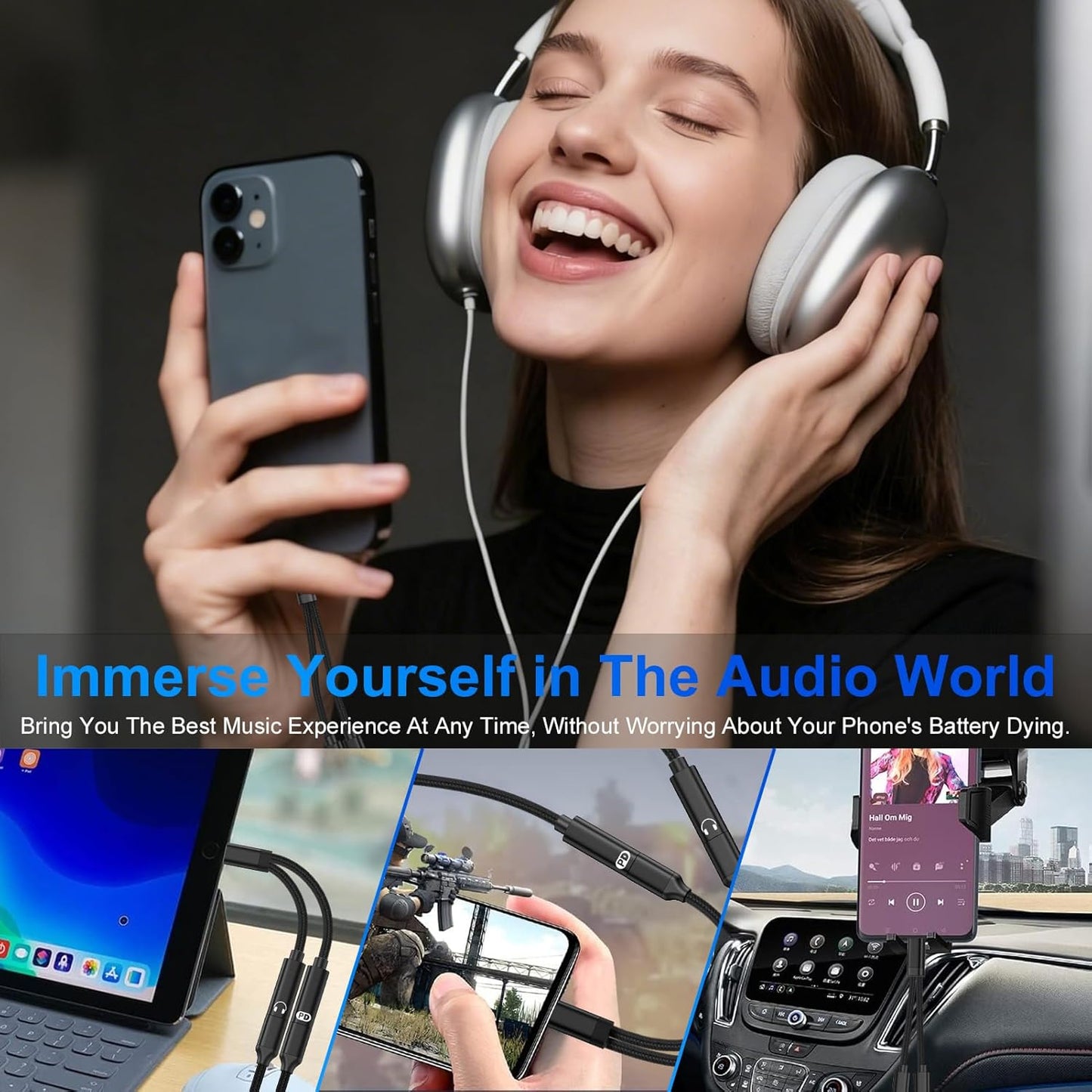 USB-C Headphone and Charger Adapter,2in1 USB C Splitter Dongle Cable with 60W Fast Charging Audio Adapter for iPhone 17 Pro Max 16e 16 Pro 15 Plus Samsung Galaxy A17 A16 A15 A36 A56 A55 S25 FE S24 S22