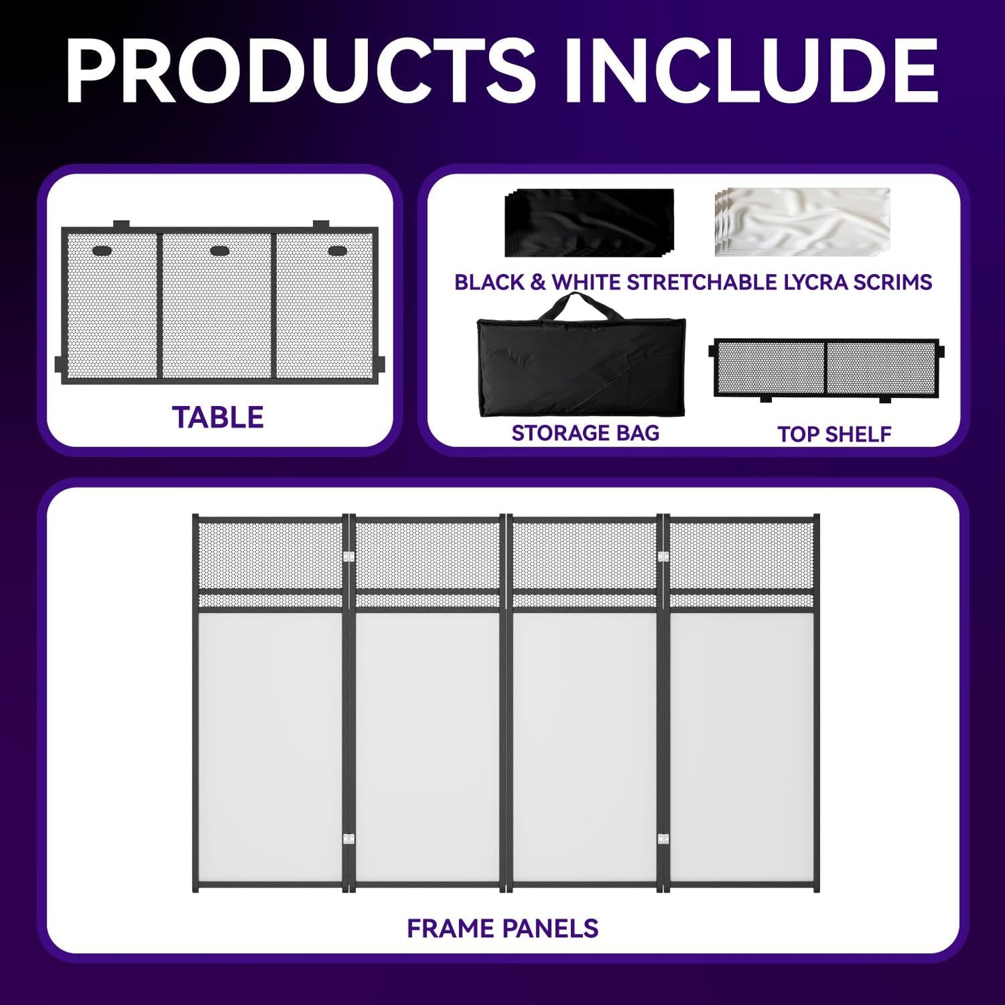 Portable DJ Booth Table,Foldable DJ Table Stand with White & Black Scrim,Adjustable DJ Facade Booth Station Metal Frame with Cable Hole for Private Events, Clubs, Bars (40x20 Double Deck)