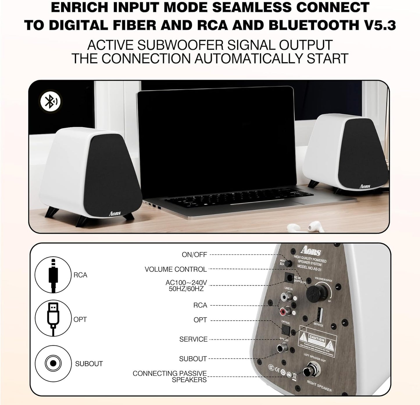 AS31 Active Bookshelf Speakers Bluetooth -2.0 Powered Speaker Stereo Computer Speakers for Desktop pc ,Monitor Speakers 80WRMS/3inch Bass RCA/Optic Inputs, Wooden Compact (Violet)