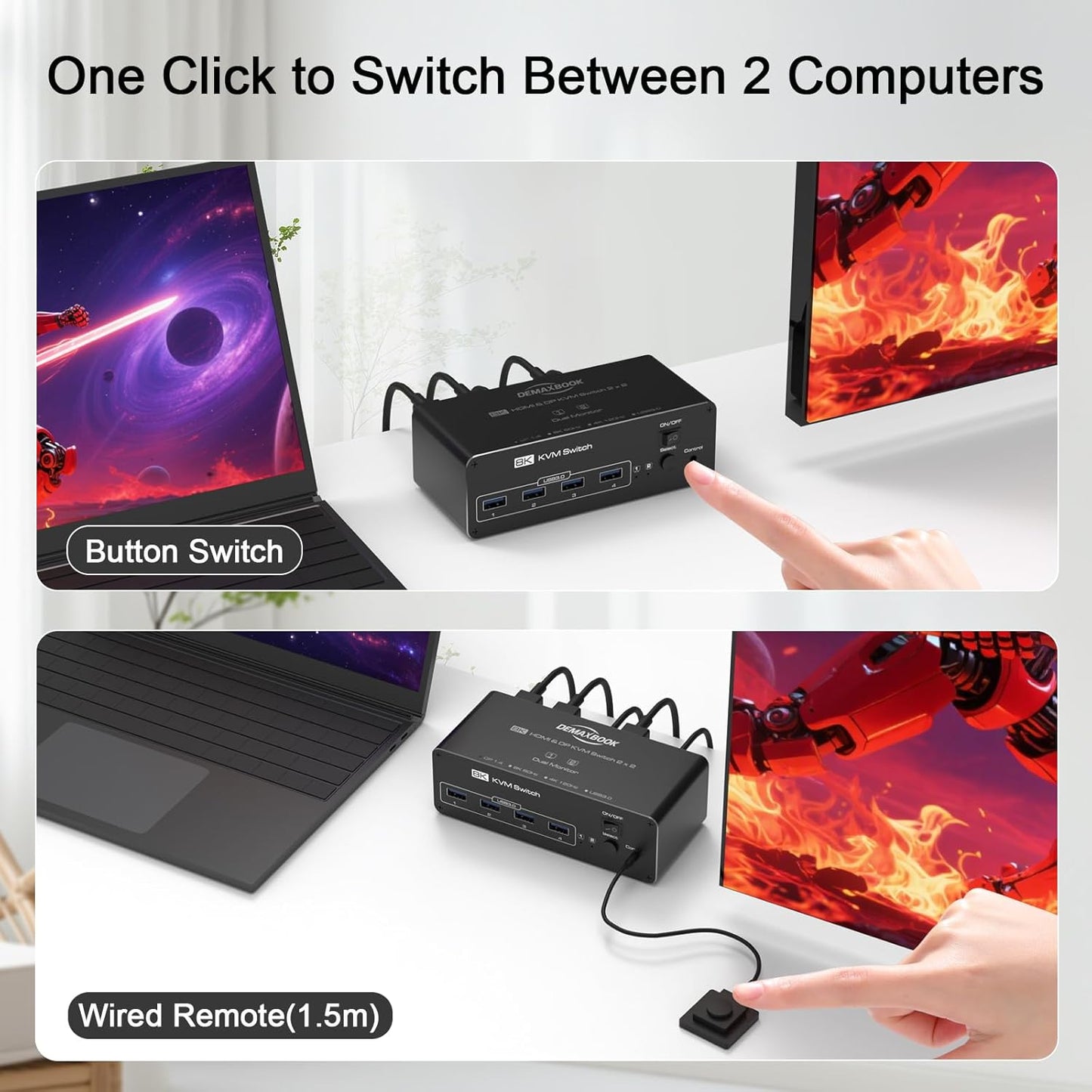 DEMEXBOOK Dual Monitor DisplayPort KVM Switch 2 Monitors 2 Computers 8K@60Hz 4K@144Hz,KVM Switch 2 Computers Share 2 Monitors, 4 USB 3.0 Ports, Supports Extended/Copy Mode with Remote & USB Cables