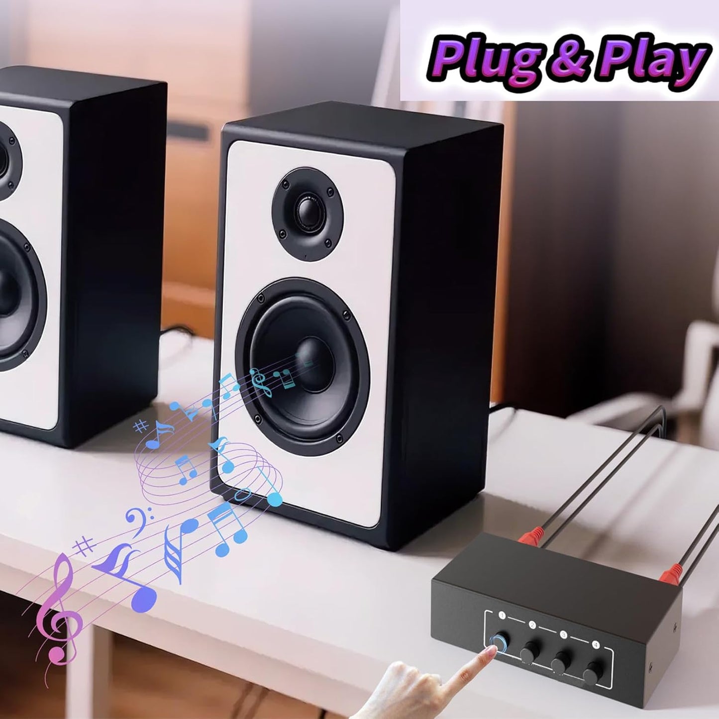 3.5mm Aux + RCA L/R Audio Splitter 1 in 4 Out, BolAAzuL 4-Way Stereo Audio Distributor Box 4-Channel Stereo RCA Splitter 1x4 for DVD Player, Game Console, Headphones, Speaker - w/Power