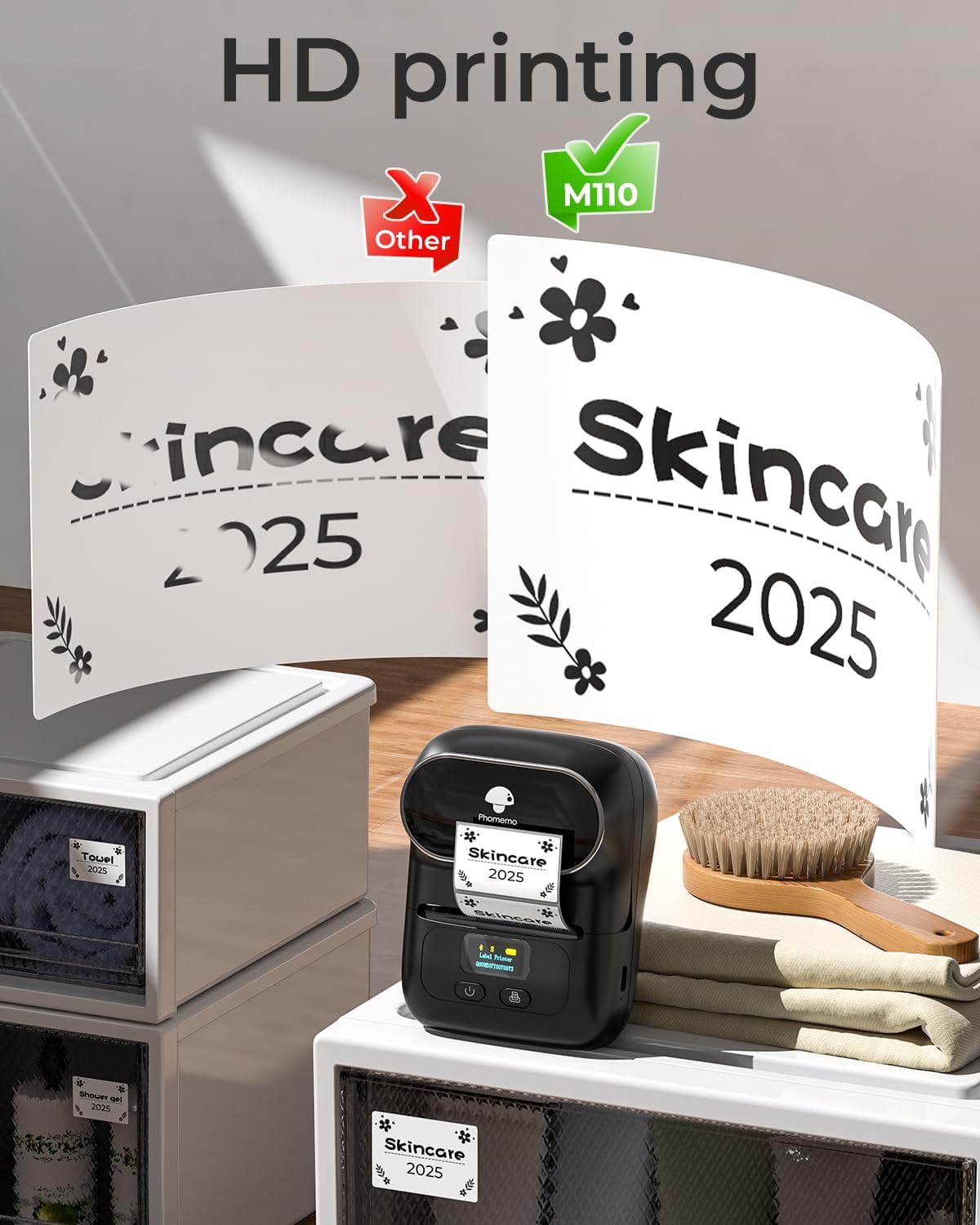 Phomemo M110 Label Maker - Label Maker Machine with Tape Portable Bluetooth Barcode Label Printer for Small Business, Address, Logo, Clothing, Mailing, with 40x30mm Label, Black