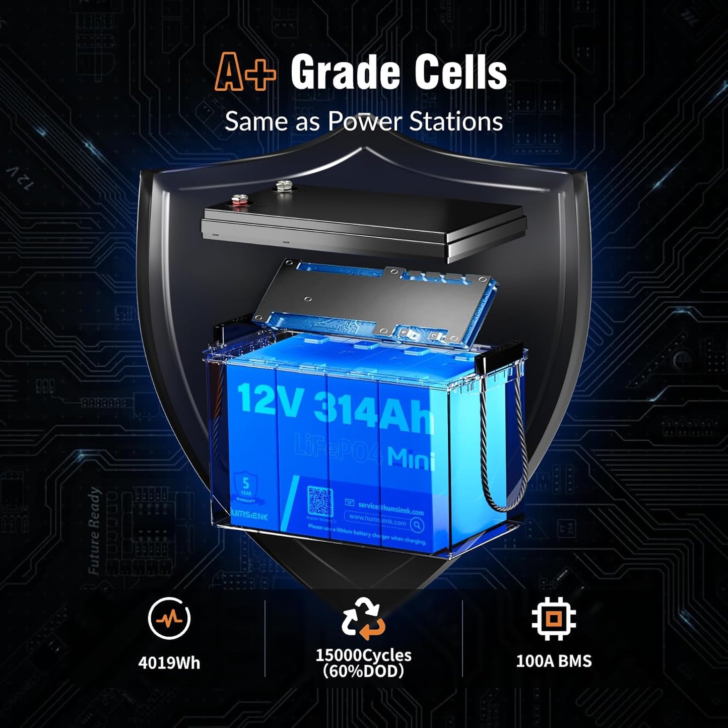 12V 314Ah LiFePO4 Lithium Battery with Bluetooth – 4.19kWh Energy, 100A BMS, 15000+ Cycles, Low-Temp Protection – for RV, Marine, Solar, Off-Grid, Home Backup (Compact & Lightweight)