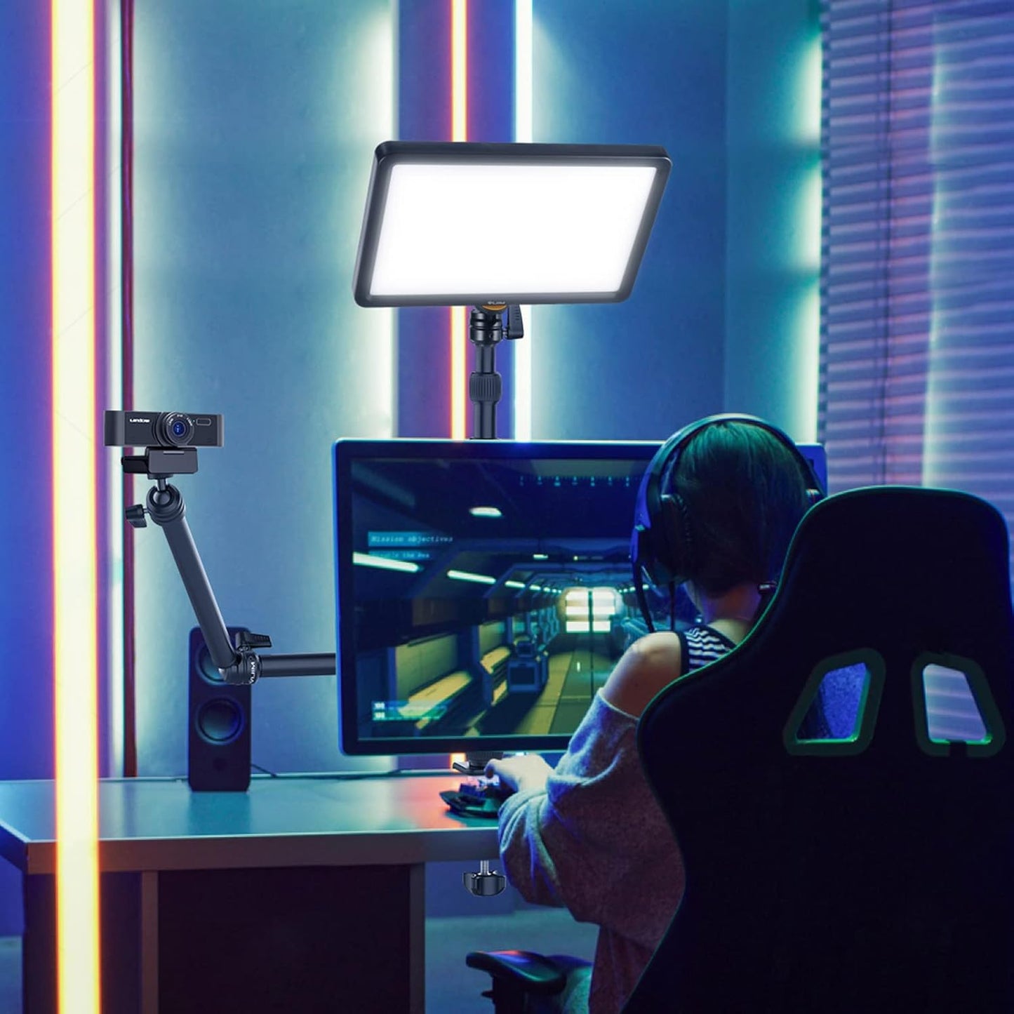 PICTRON LS11 Camera Mount Desk Stand with Auxiliary Holding Arm, Flexible Overhead Camera Webcam Table C-Clamp Multi Stand for Photography Videography Live Stream