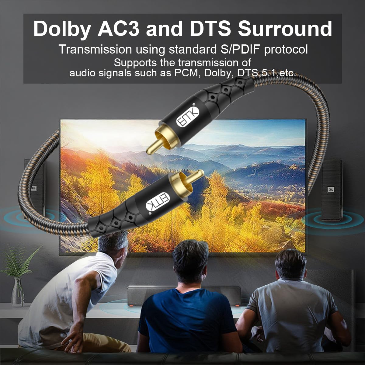 EMK RCA to RCA Subwoofer Cable – 24K Gold-Plated Connector Nylon Braided Double Shielded Audio Cable Digital&Analog Signal Support for Amplifiers Subwoofer Home Theater Hi-Fi Systems Black/10ft/3m