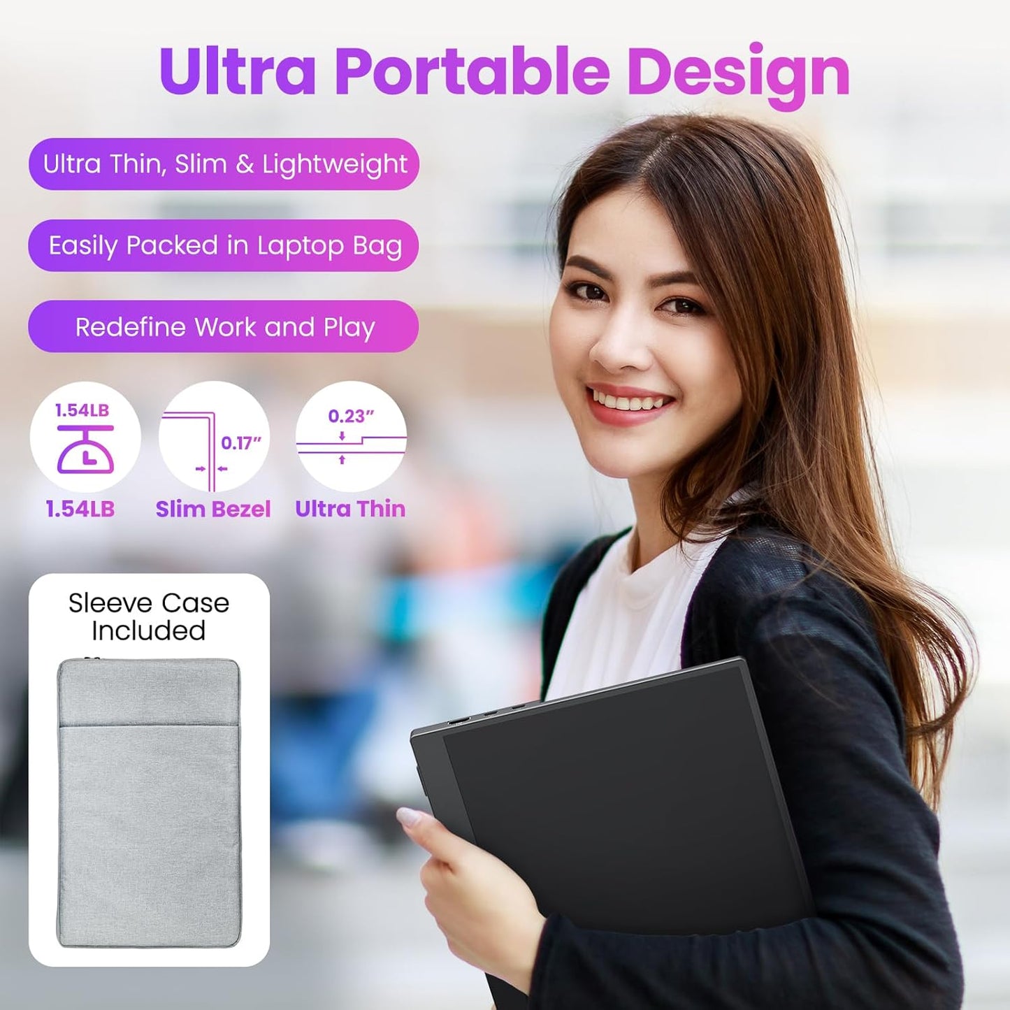 Portable Monitor 15.6 Inch FHD 1080P HDR IPS Travel Monitor with Speakers HDMI USB-C Second Screen for MacBook Laptop Surface Xbox PS4/5, External Display with Kickstand, VESA Compatible