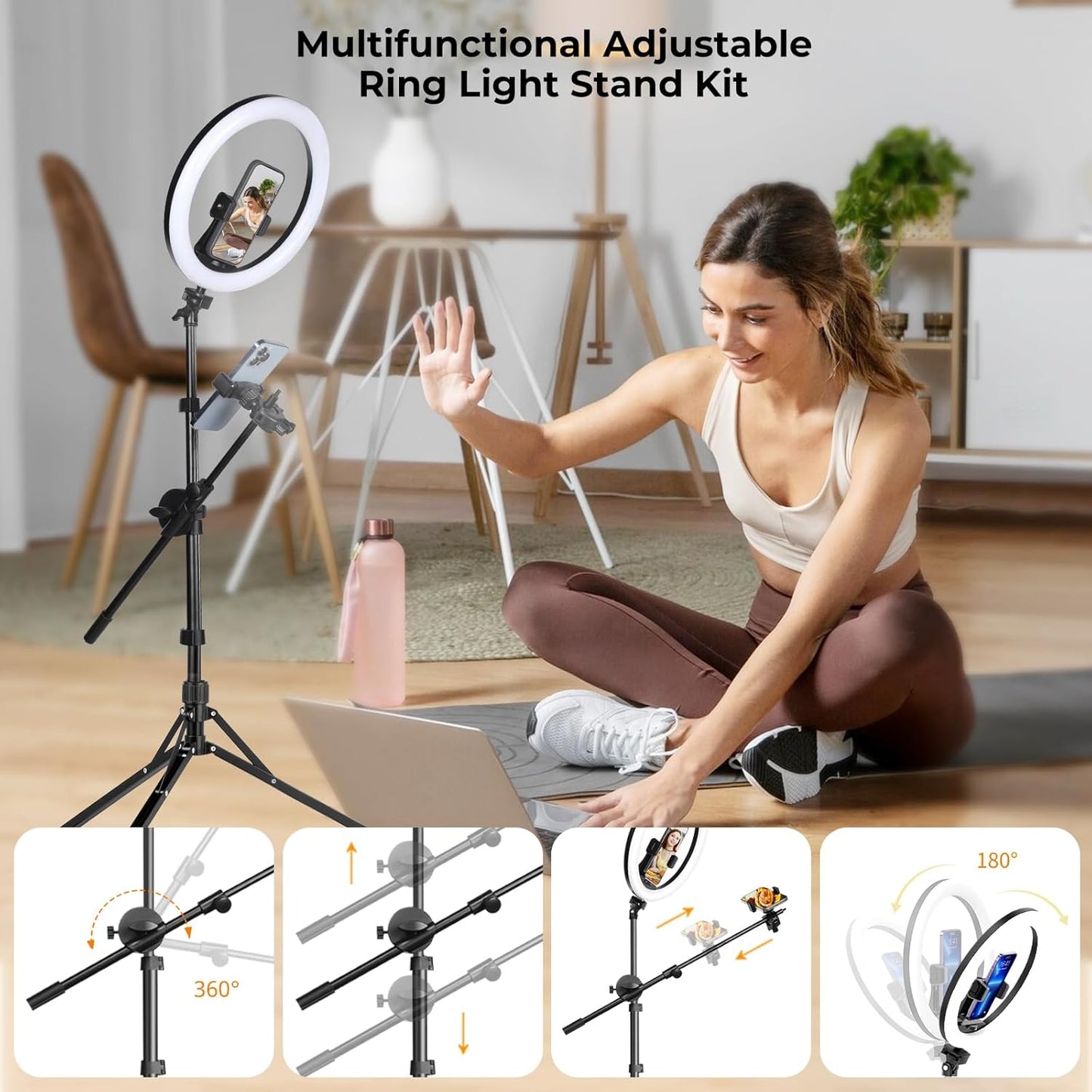 Aureday 12" Overhead Ring Light with Stand, Dimmable Ringlight with Phone & Mic Holder, 62" Adjustable Tripod for Video Recording, Live Streaming, Tiktok, YouTube, Makeup, Cooking