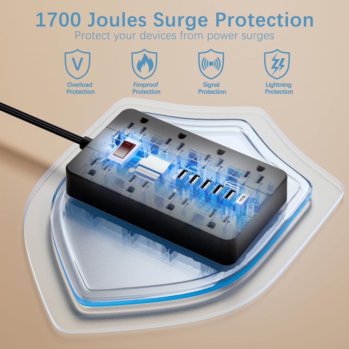 Power Strip Surge Protector, HUNIAN Flat Plug 10 Ft Long Extension Cord with 8 Widely Spaced Outlets 6 USB (1 USB C Port), Wall Mount Charging Station for Home and Office