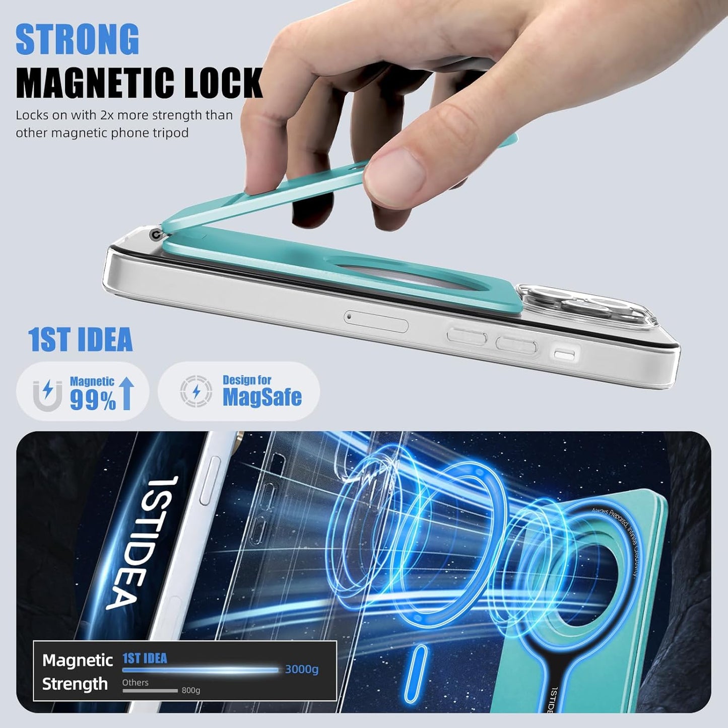 Phone Tripod Stand, Aluminum Alloy Mini Tripod Compatible with Magsafe iPhone 16/15/14/13/12 Series, Foldable Strong Magnetic Phone Stand, Mult-Angle Adjustment Selfie Stick (Ocean Blue)