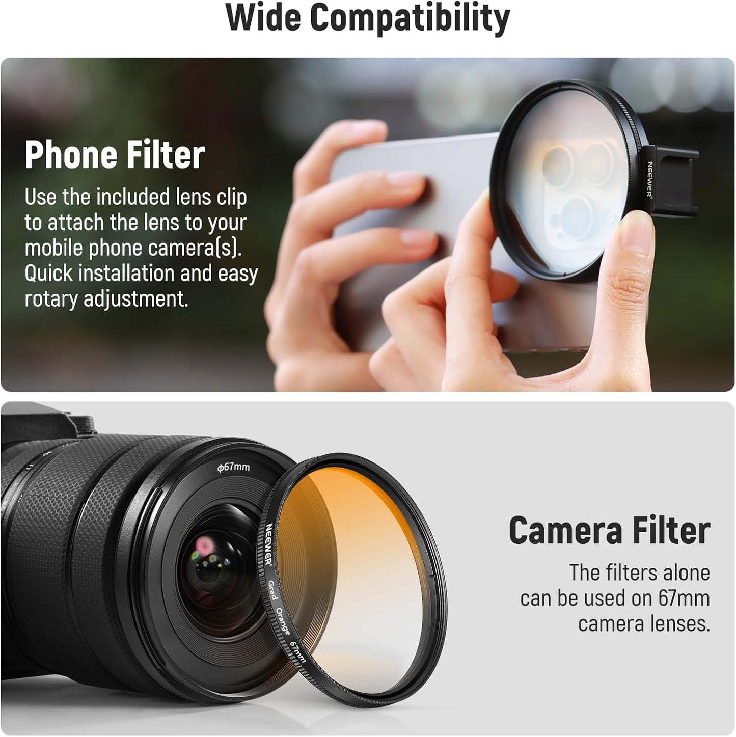 NEEWER Clip On 67mm Phone ND Filter Kit, Upgraded Lens Clip Cold Shoe Mount/Locking Knob, CPL/ND32/6 Point Star/4 Graduated Color Filter Compatible with iPhone 16 15 Pro Max Plus 14 13 Samsung S23 S24