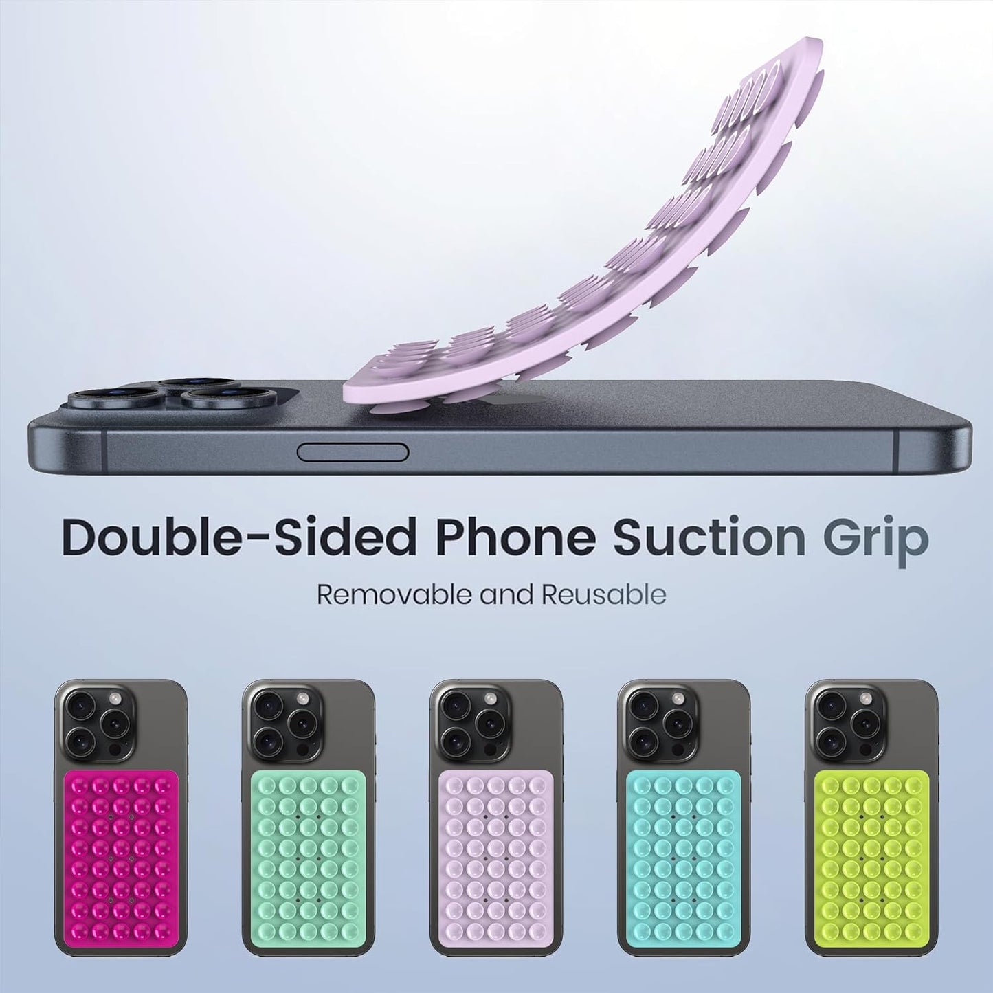 2PACK Silicone Double Sided Suction Phone Case Mount, Detachable Hands Free & Strong Grip Holder for Selfies & Videos, Compatible iPhone Android (Violet, 2Pack 40 Suction Cups)