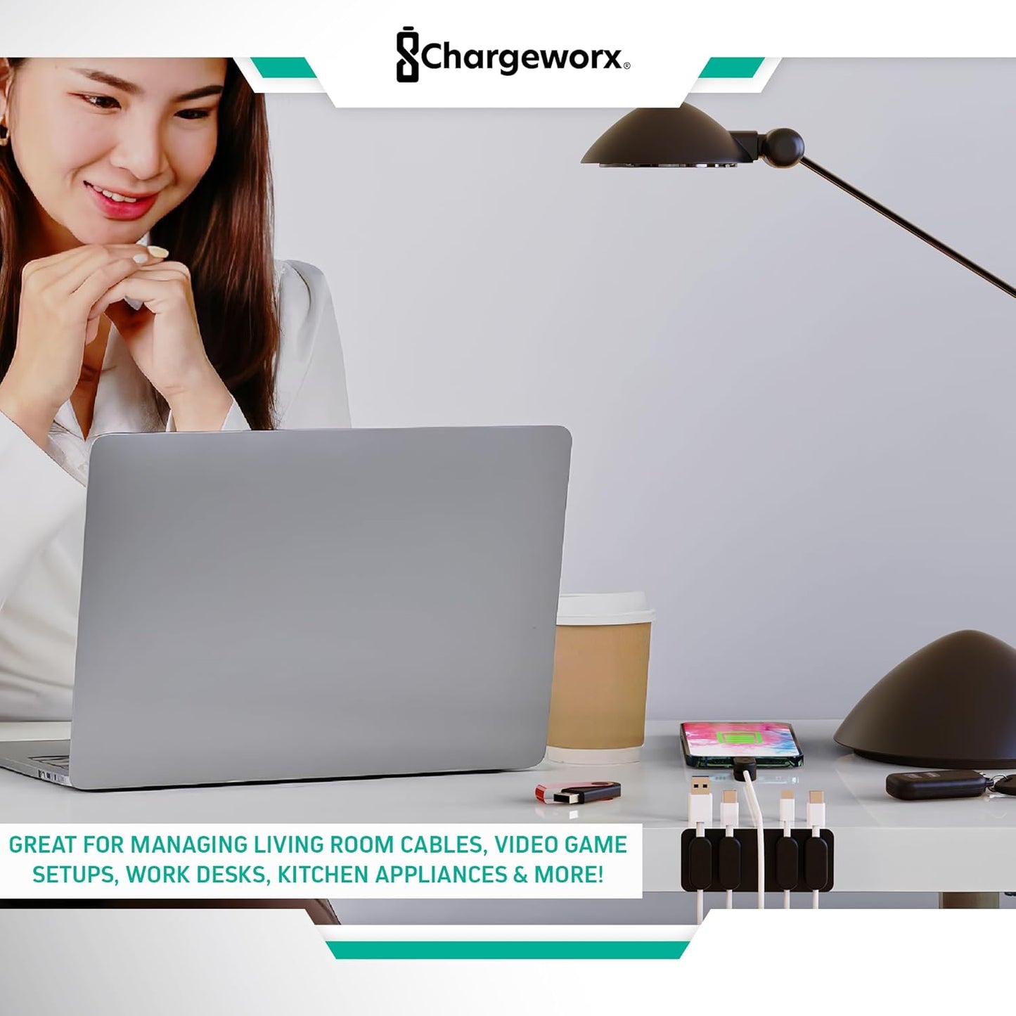 Chargeworx Magnetic Cable Holder for Cable Management – Multipurpose Desktop Cable Management System, 20-PK, Great for USB-C, Lightning, Micro-USB & Other Cables – Sticks to Any Surface (20-PK Black)