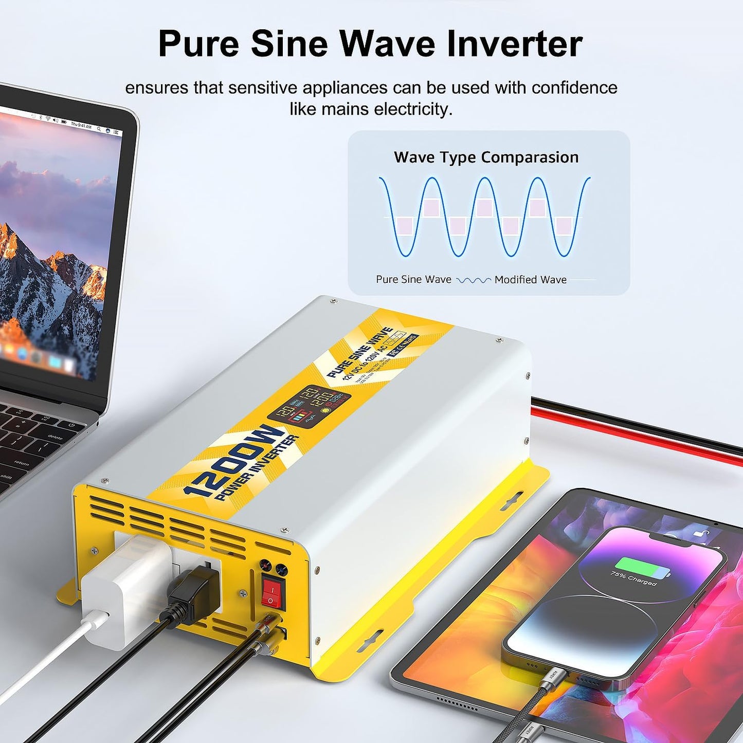 XWJNE 1200W Pure Sine Wave Power Inverter 12V DC to 120V GFCI AC Converter with LCD Display for Home, RV, Truck, Off-Grid Solar Power