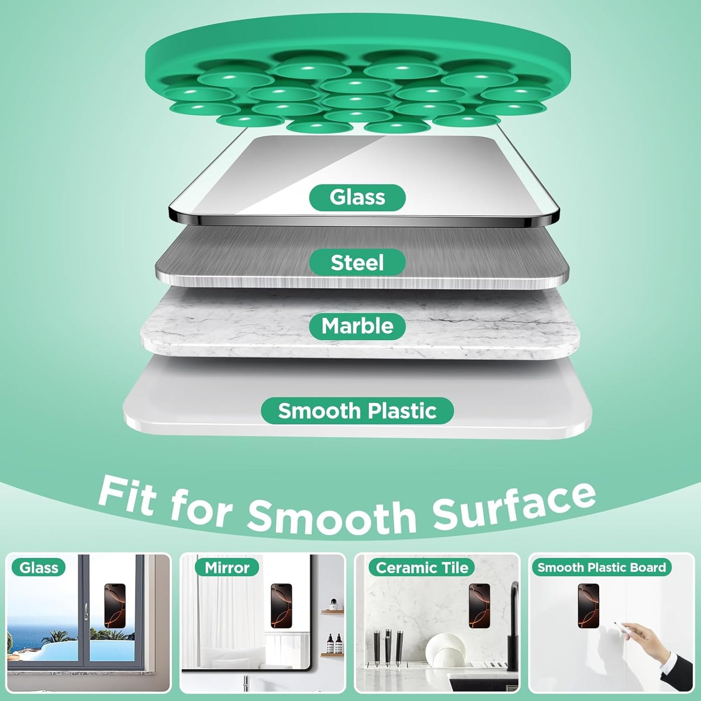 Magnetic Suction Cup Phone Mount for MagSafe Case, Silicone Hands-Free Grip Holder for iPhone and Android, Mirror Shower Phone Stand for Makeup FaceTime Gym Kitchen Bathroom, Emerald Green