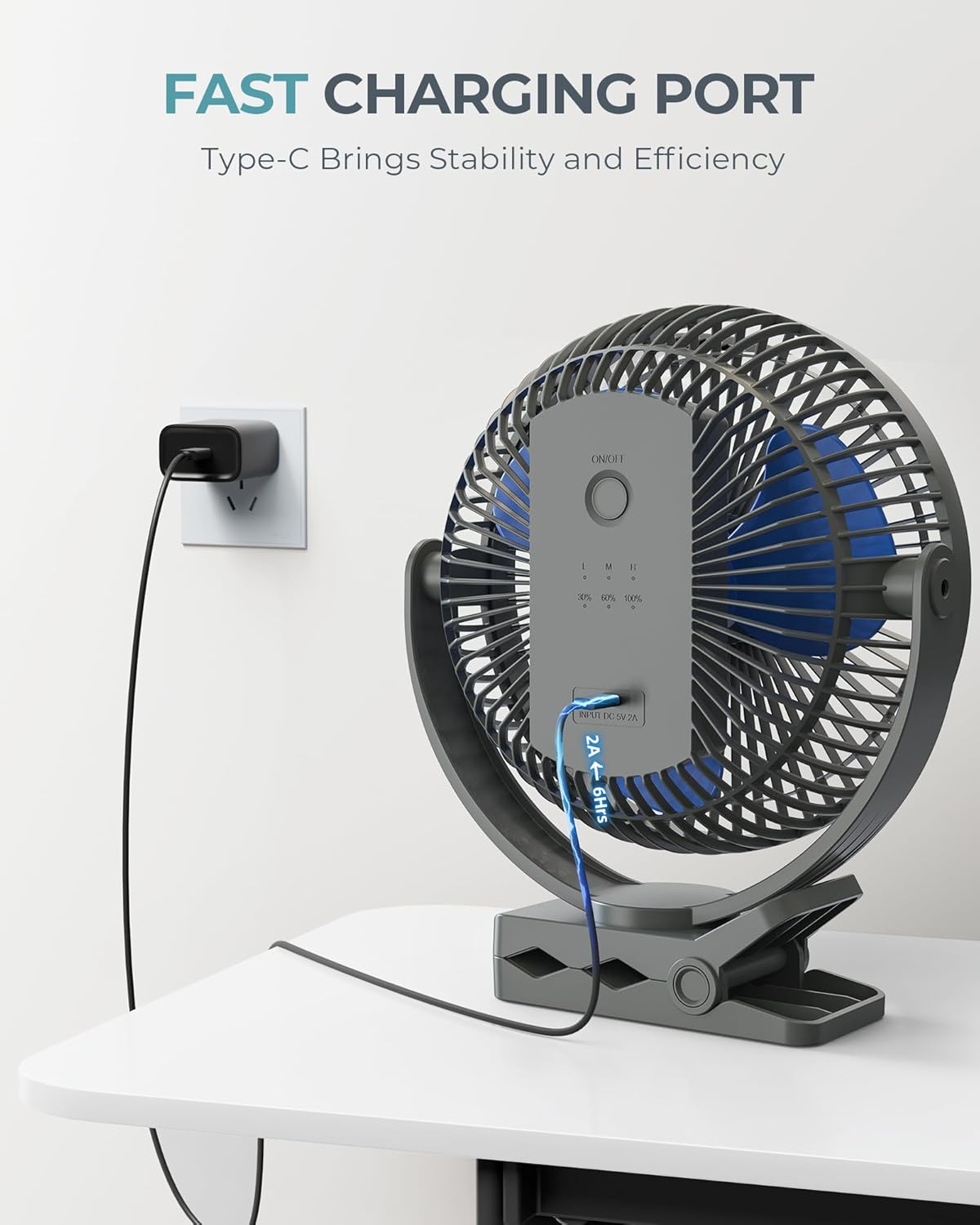 xasla 10000mAh Portable Rechargeable Clip on Fan, 8 inch Battery Operated Fan, 24 Hours Work Time, 4 Speeds Personal Fan, Ideal for Outdoor Camping Golf Cart Home Office Blue