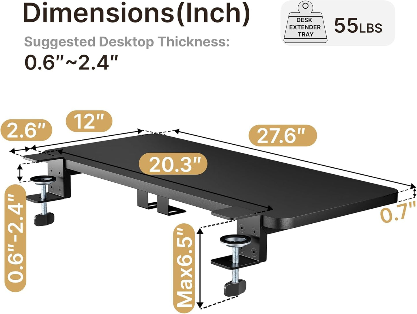 Desk Extender Tray, 28" x 12" Clamp On Desk Shelf, Desk Extension with Laptop Holder, Table Desk Arm Rest, Clamp On Keyboard Tray for Office and Home, Workstation Organizer, Large, Black