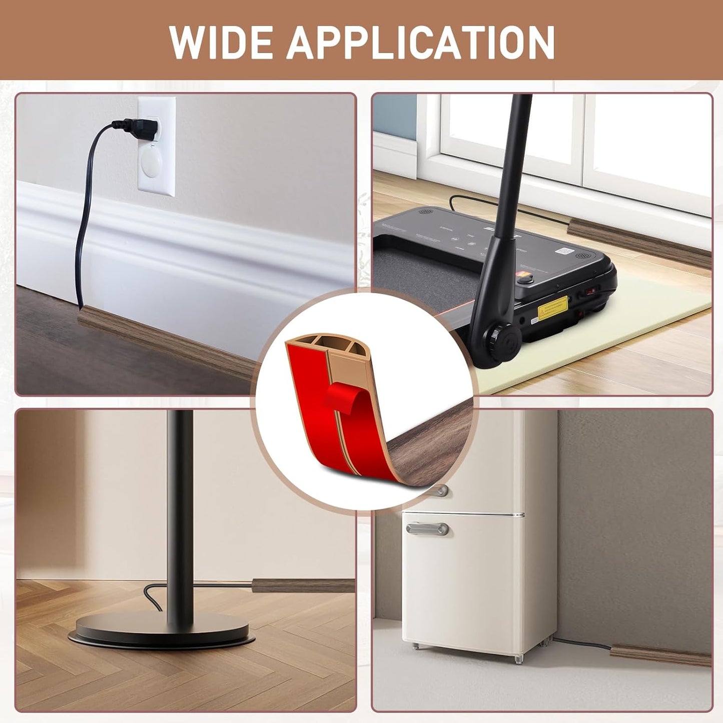 Floor Cord Cover Self Adhesive Cord Hider Floor Extension Cord Covers for Floor Power Cord Protector Cable Management Prevent Cable Trips Cable Cavity 0.51" W x 0.31" H (Smoked Brown Wood, 10Ft)