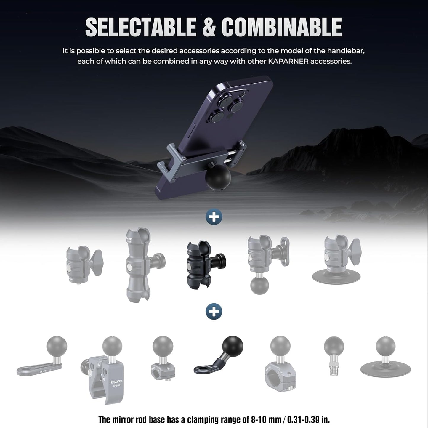 Motorcycle Phone Clip Kit, Anti-Theft Double Socket Arm/Angled Bolt-Head Adapter Ball Base for Mirrors Lever or Round Bar, Suitable for Width of 2.56-3.74" Phone (KPS-04)