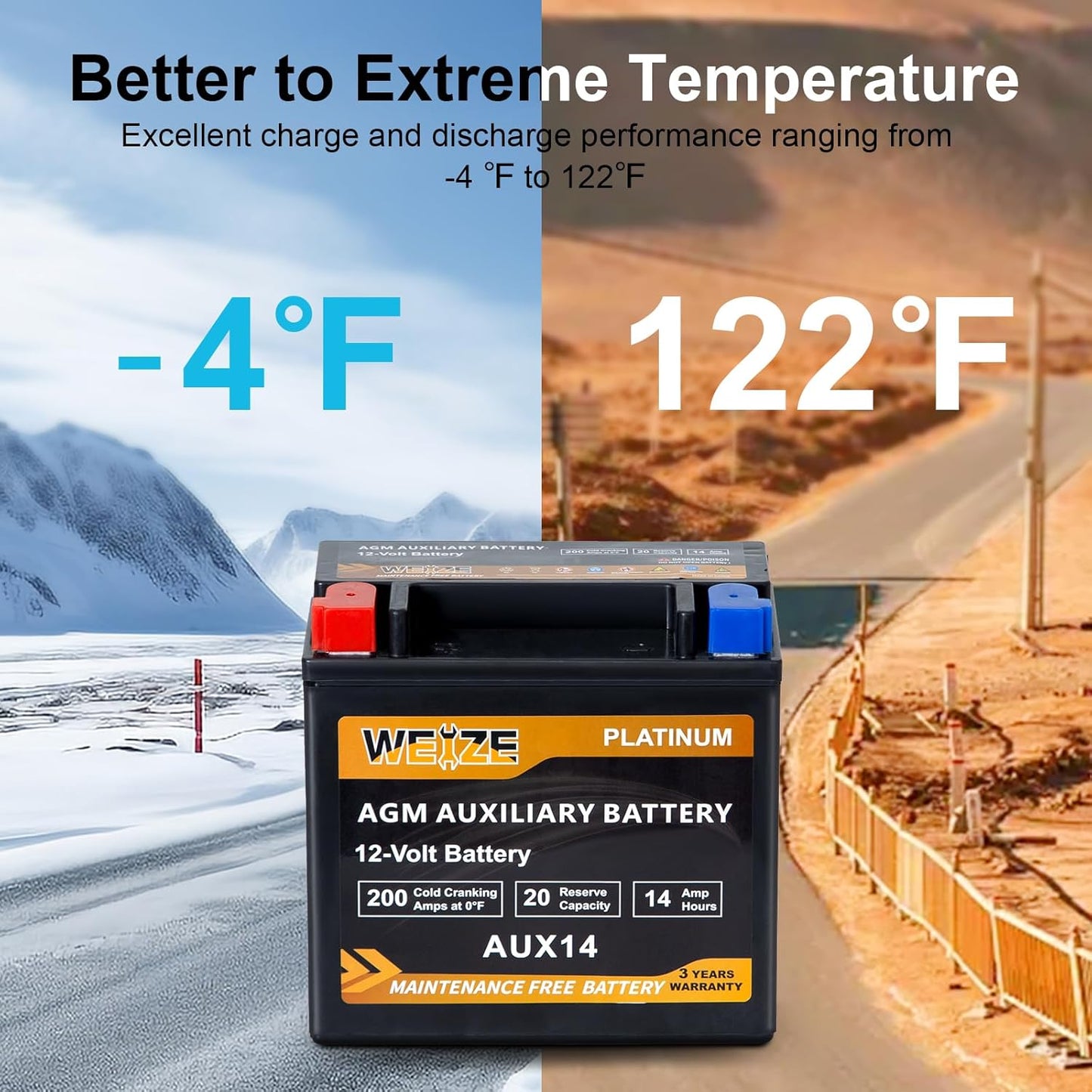 Weize AUX14 AGM Auxiliary Battery, 36 Months Warranty, 200CCA, BCI Group 400 Battery