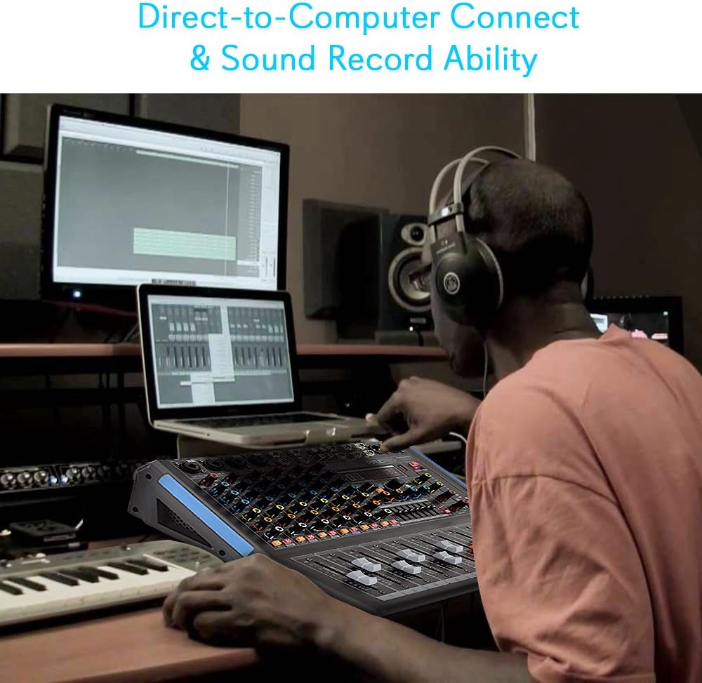 Pyle 8-Channel Bluetooth Studio Audio Mixer- DJ Sound Controller Interface w/ USB Drive for PC Recording Input, XLR Microphone Jack, 48V Power, RCA Input/Output for Professional & Beginners- PMXU88BT