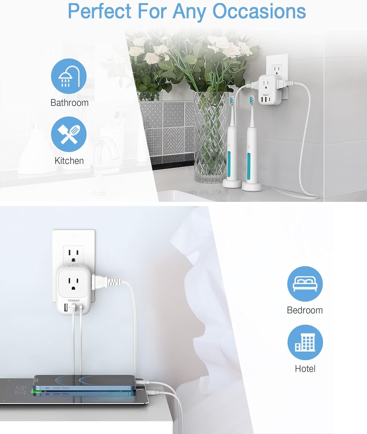 USB Wall Charger, TESSAN Wall Plug Adapter Outlet Extender, 3 Charger Block (1 USB C Port), Multi Charging Station for Cruise, Bathroom, Office, Dorm Essentials, White