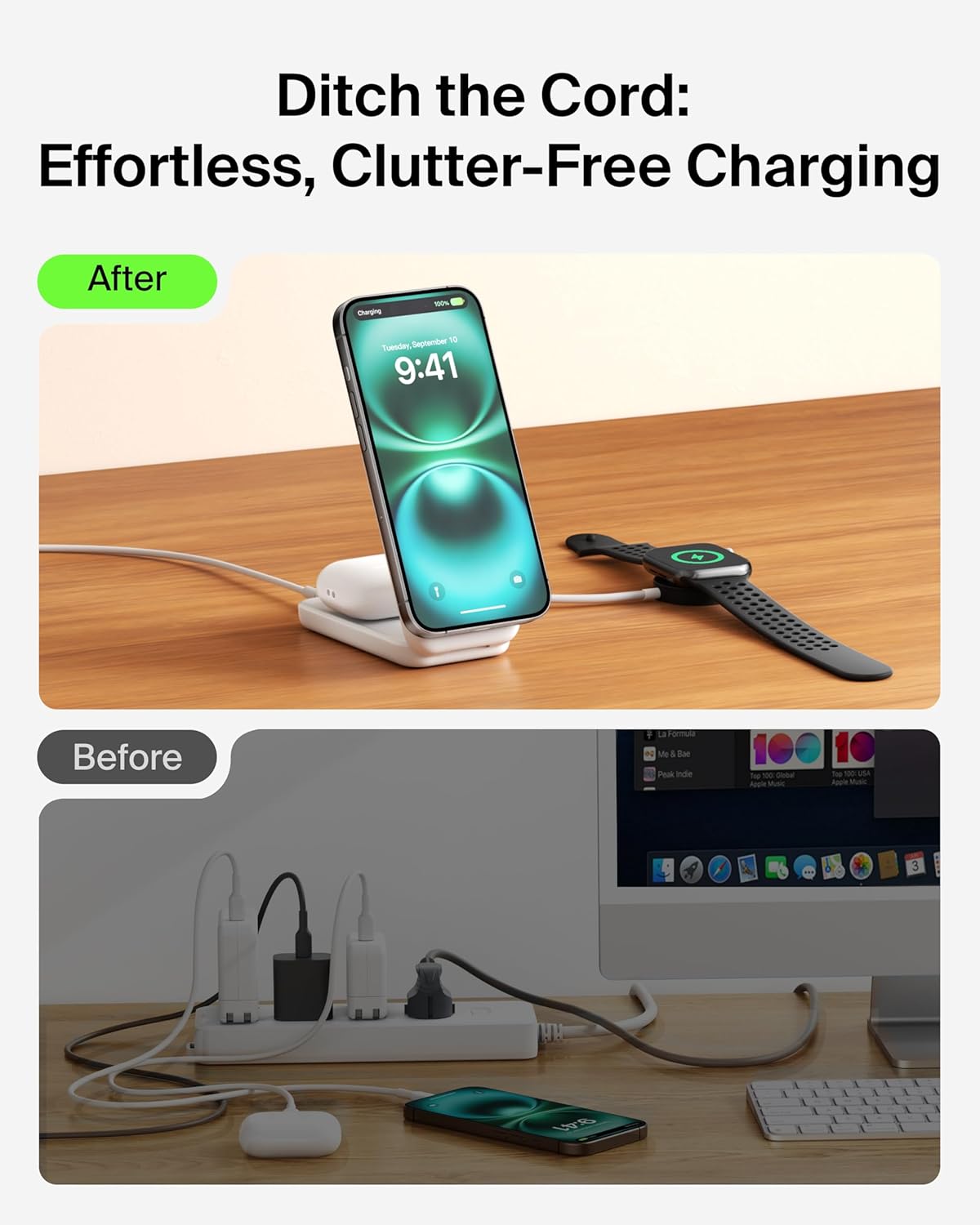 Belkin MagSafe Charger Compatible, 2-in-1 Charging Station, Qi2.2 25W Magnetic Wireless Charger Dock, Foldable Stand, with 5W USB-C Port, for iPhone 16/15/14, AirPods (45W Adapter Included)