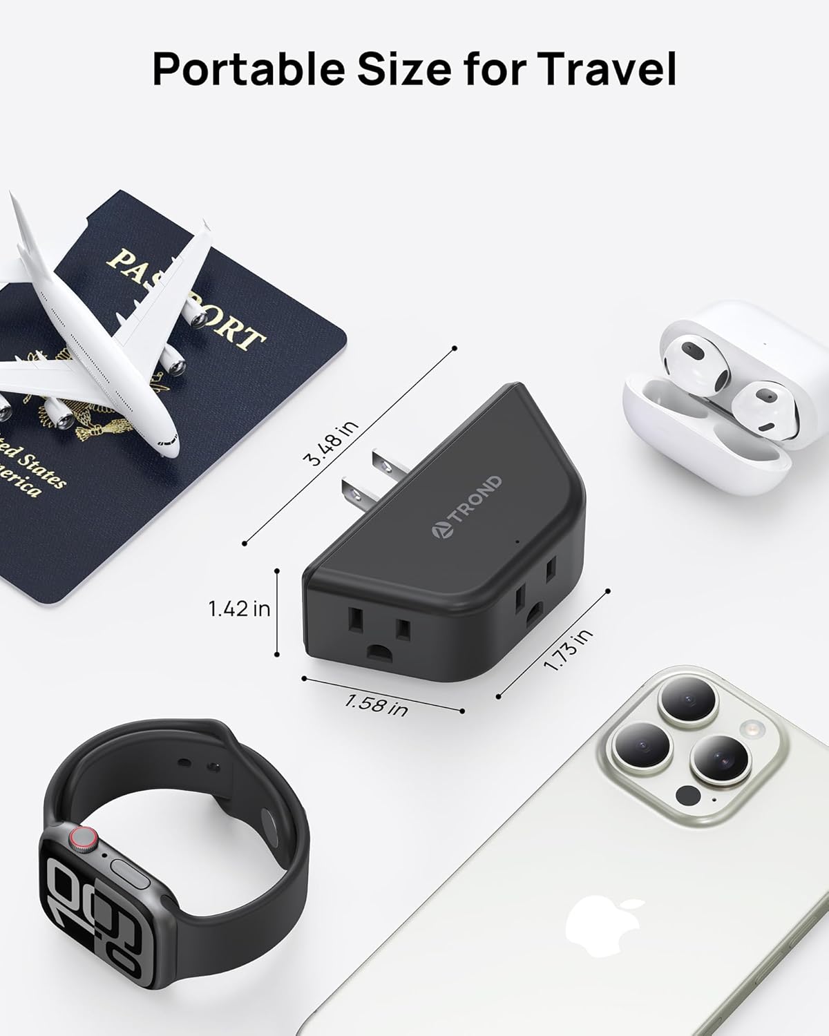 TROND Outlet Extender - 3 Prong Grounded Plug Extension Outlet, 3 Way Angled Wall Plug Splitter, Cruise Ship Essentials, Multiple Expander with 3 Electrical Sockets for Bathroom, Kitchen, Black