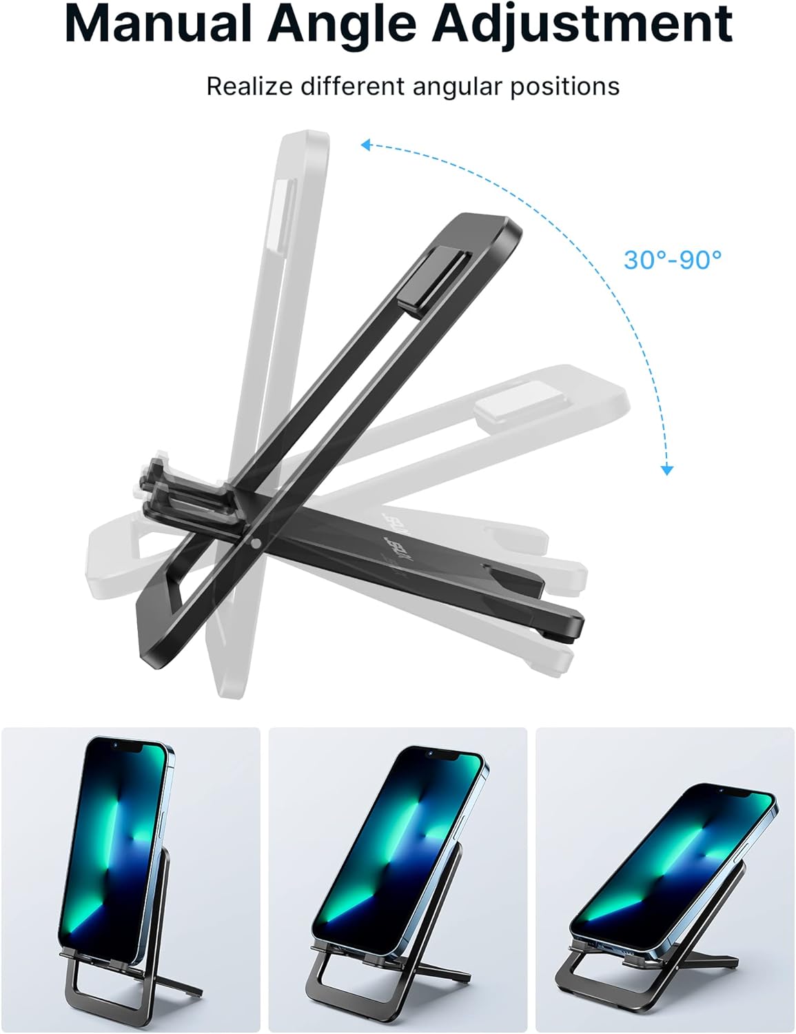 JSAUX Cell Phone Stand, Foldable Aluminum Adjustable Phone Holder for Desk Portable Travel Holder Office Desk Accessories Compatible with iPhone 15 14 13 12 11 Pro Max X Samsung S24 S23 Steam Black