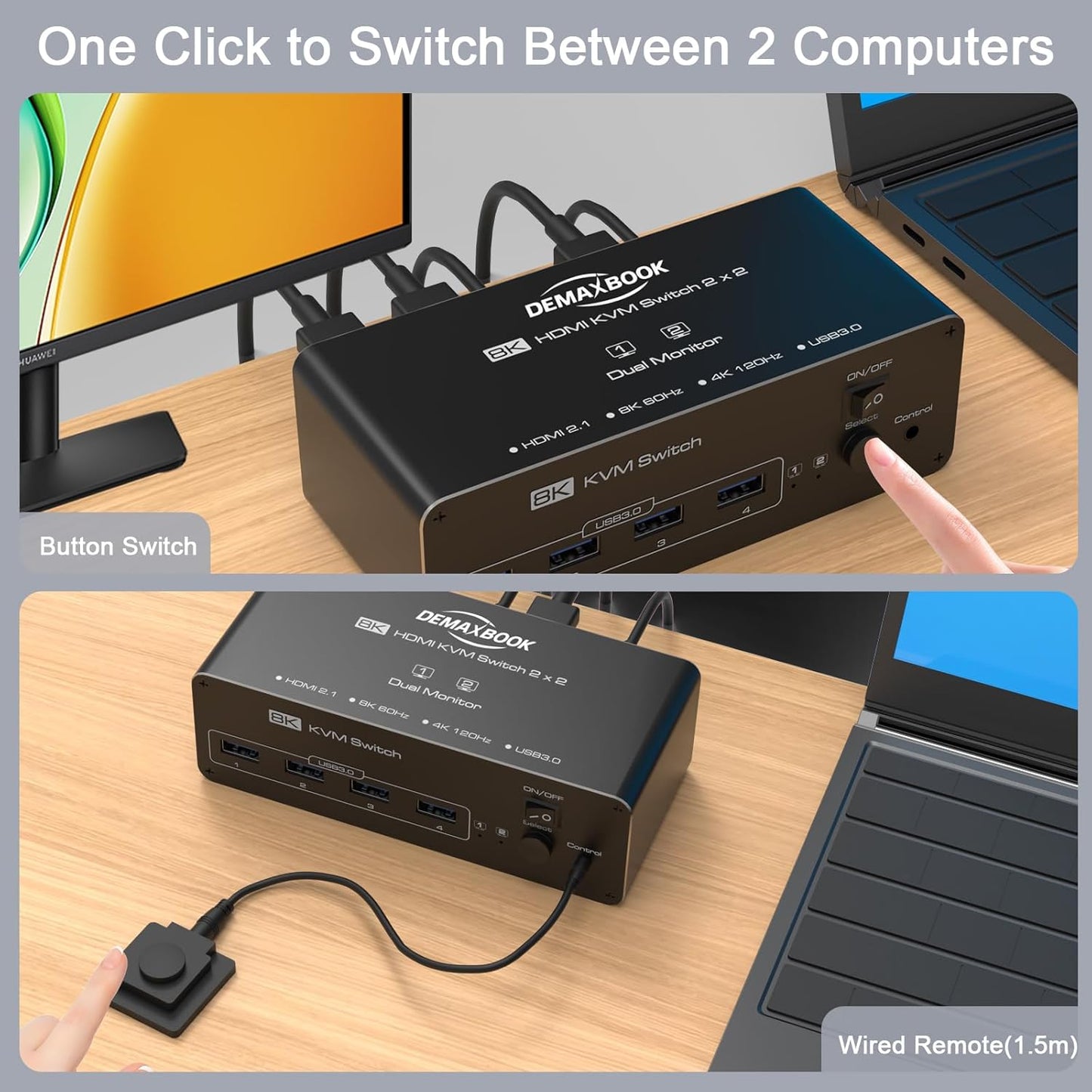 DEMEXBOOK HDMI KVM Switch 2 Monitors 2 Computers 8K@60Hz 4K@120Hz, with 4 USB 3.0 Ports for 2 Computers Sharing 2 Monitors, Extended/Copy Mode, with Power Adapter,Includes Remote & 2 USB Cables